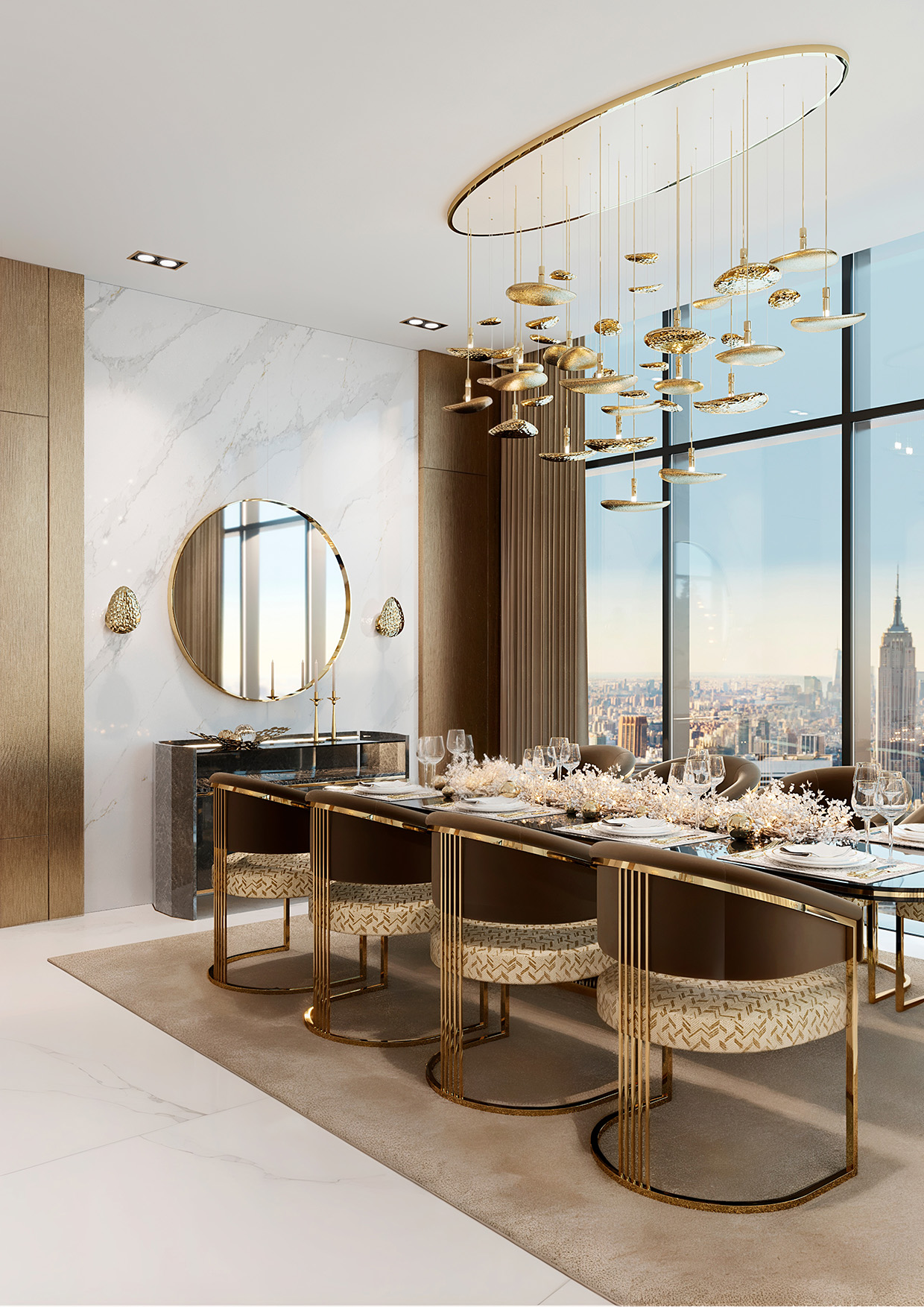 Mastery Suspension – Mastery Collection by Castro Lighting. With its graceful, flowing contours and delicate gold-plated structure, the Mastery Suspension brings a sense of organic motion and understated chic to any sophisticated space. Ideal for grand entrances or dining spaces, delivering vintage glamour with modern impact. Gold-plated and hammered brass finishes interplay to create bold contrast and refined visual impact.