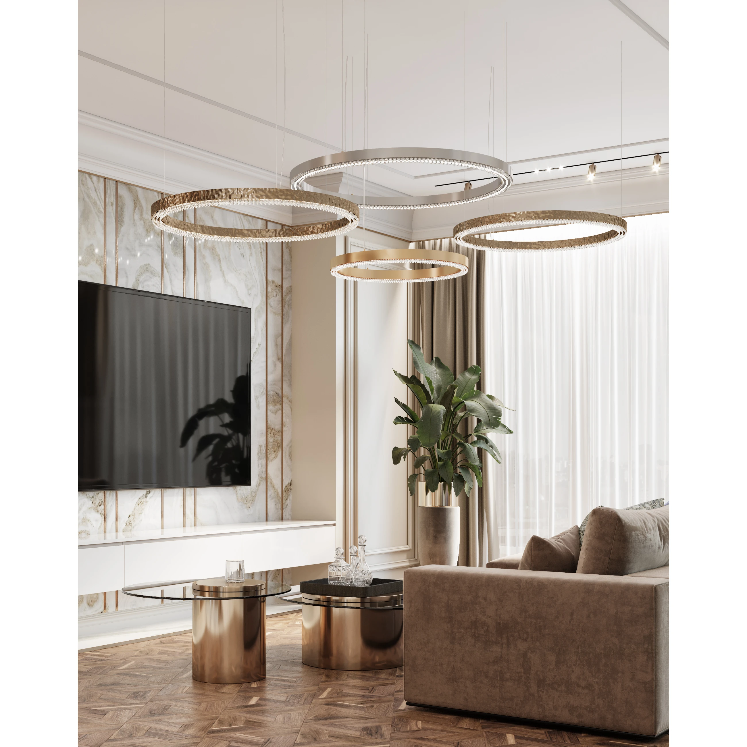 /storage/Luxury brass suspension with delicate crystal accents and minimalist design by Castro Lighting.