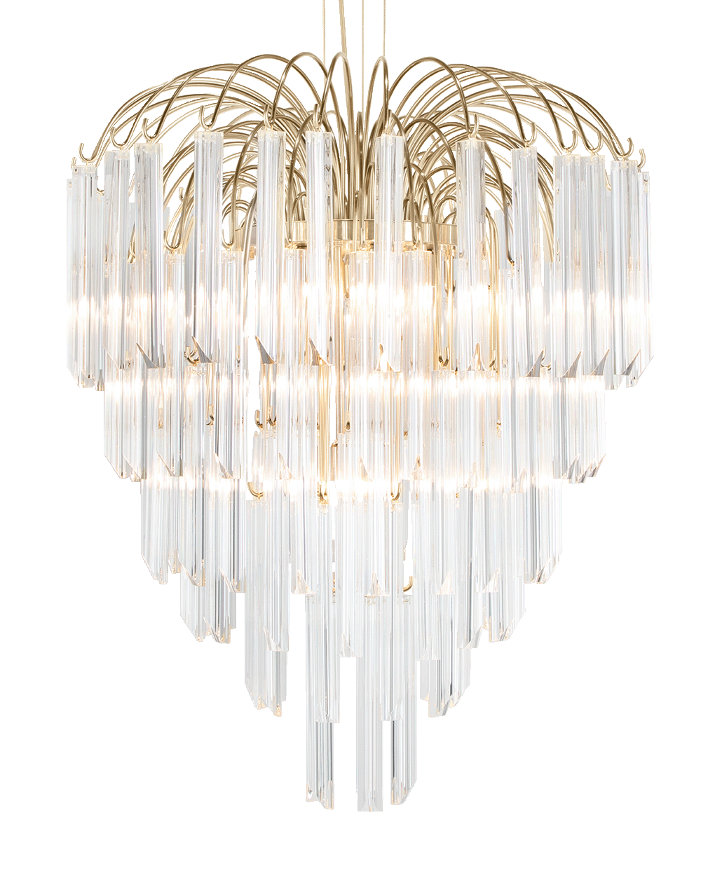 /storage/Luxury brass suspension with 24k gold arms and delicate glass elements, inspired by the shape and elegance of a lotus flower.