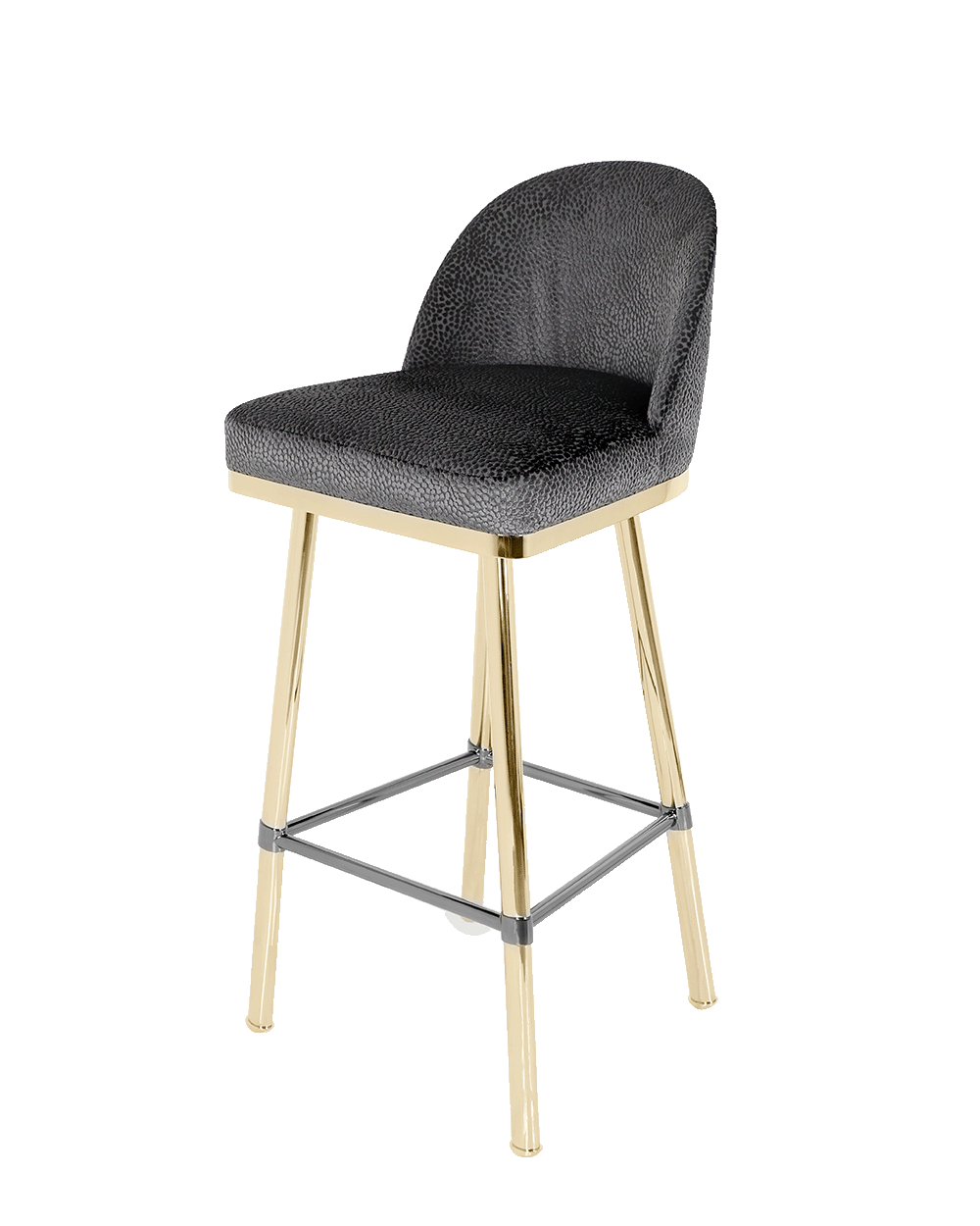 /storage/Luxury brass bar chair with gold-plated legs, black nickel accents, and curved upholstered body, blending Art Deco style with modern femininity.