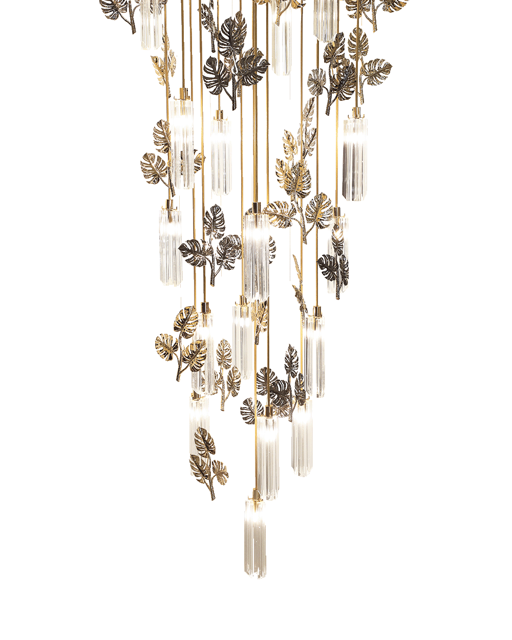 /storage/Luxury gold-plated brass suspension with handcrafted leaf motifs, inspired by nature and designed to bring organic elegance to any space.