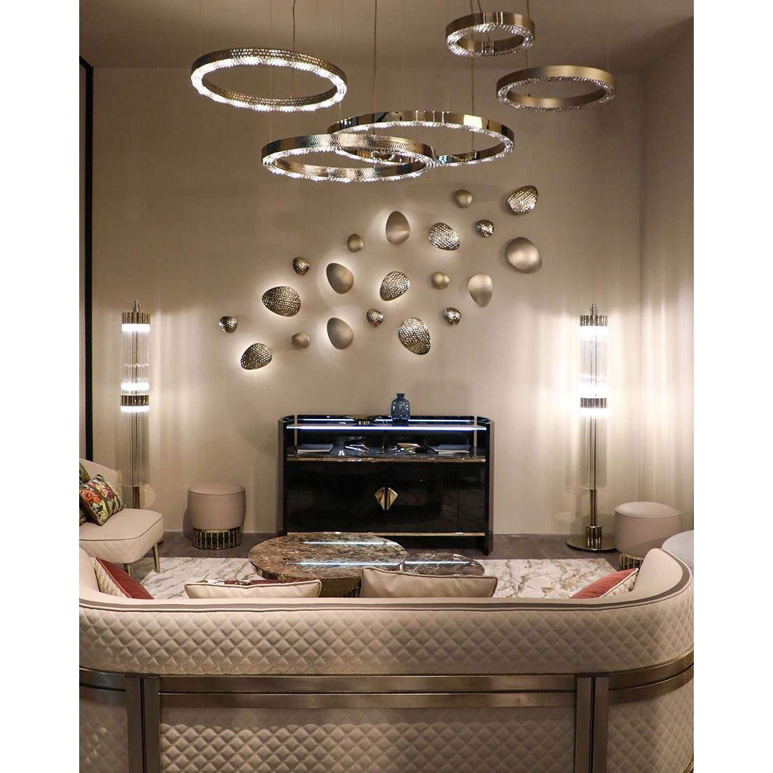 /storage/Luxury brass suspension with delicate crystal accents and minimalist design by Castro Lighting.