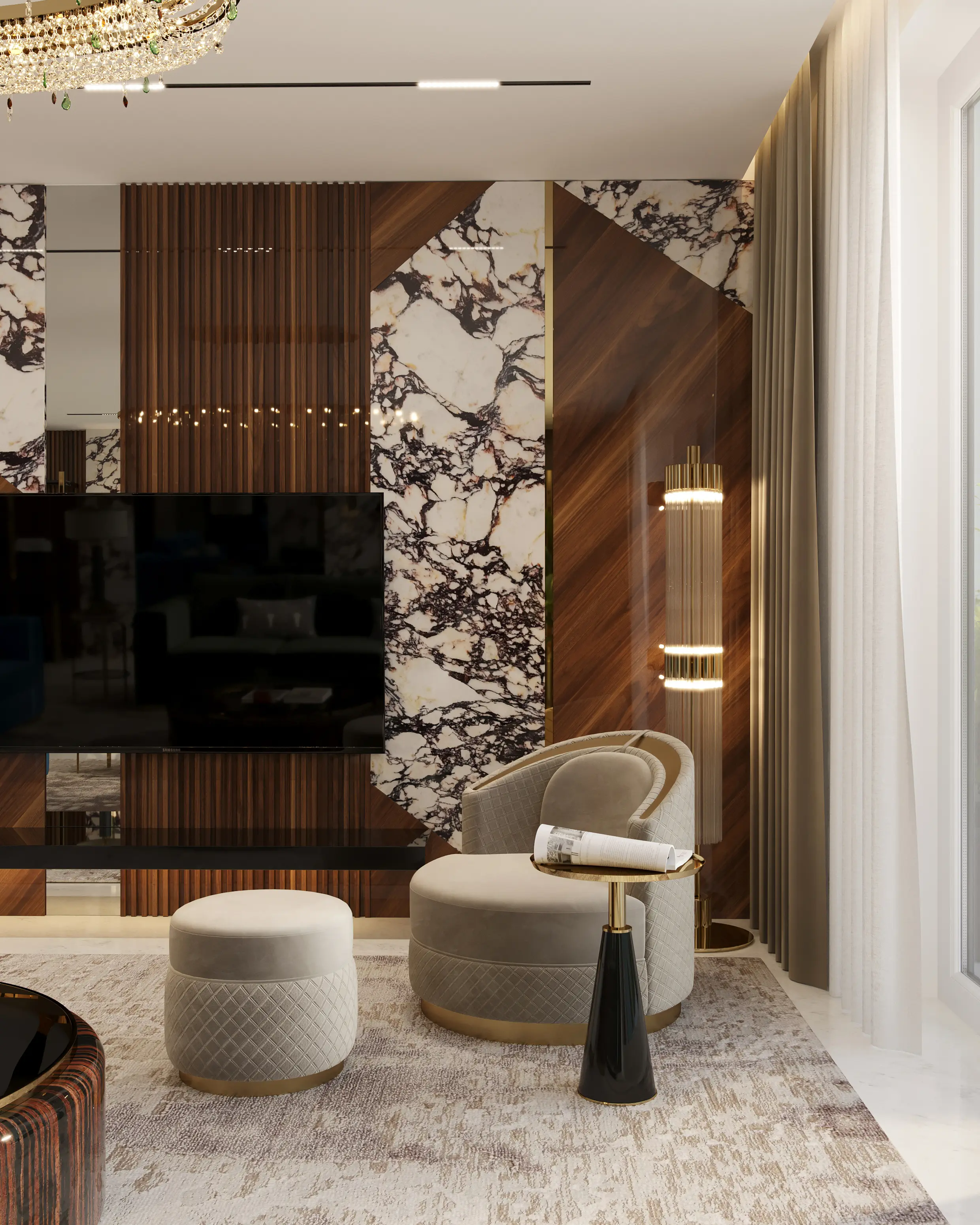 /storage/Luxury brass-accented modern lounge armchair with quilted padded fabric and smooth curves, combining comfort and elegance