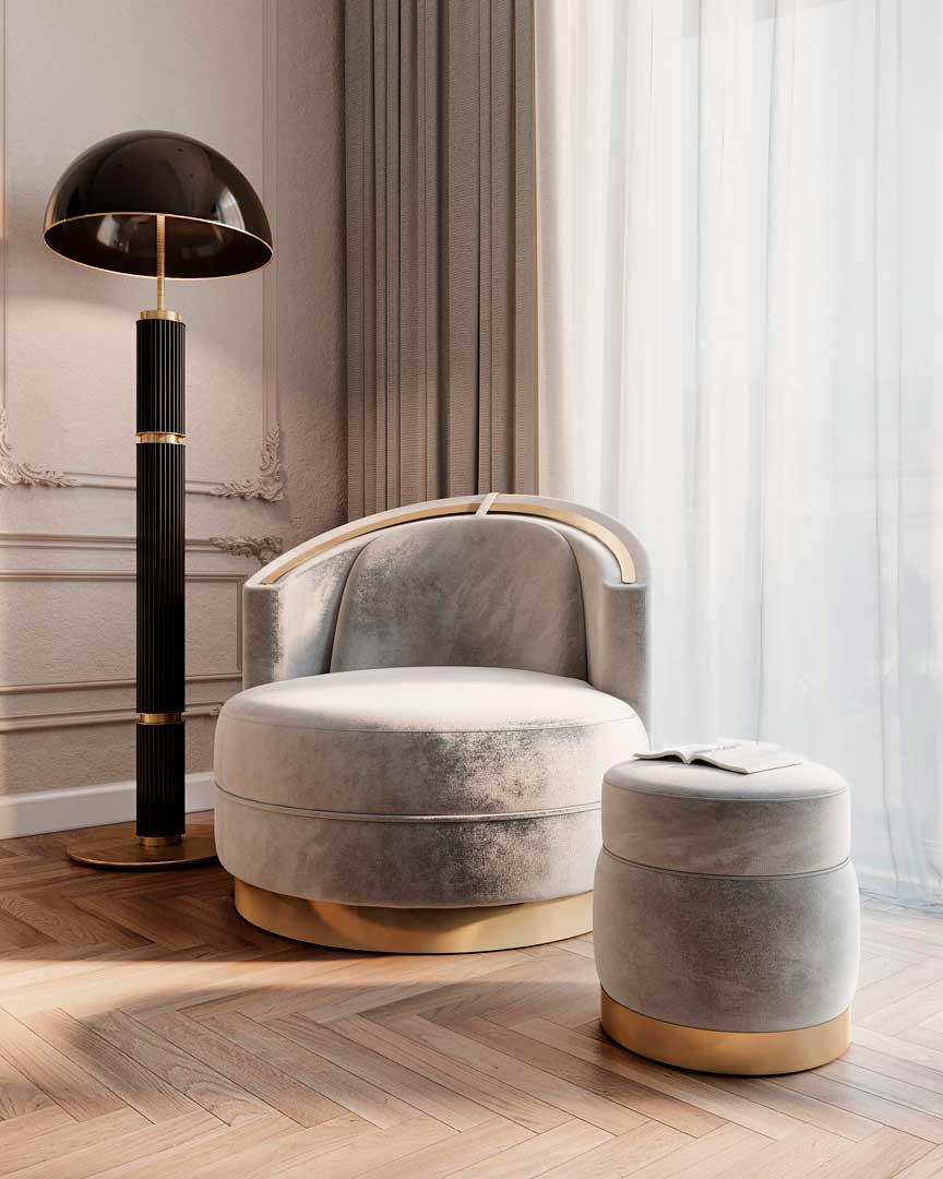 /storage/Luxury brass-accented modern lounge armchair with quilted padded fabric and smooth curves, combining comfort and elegance
