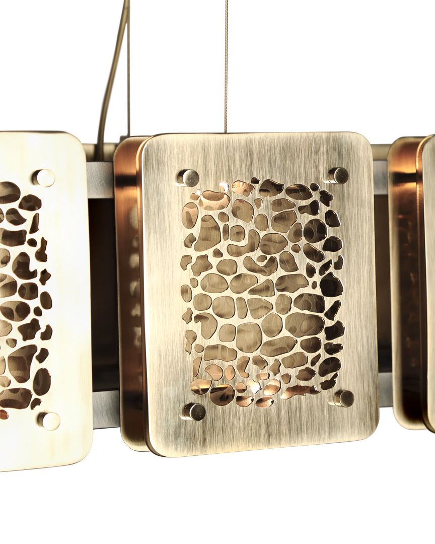 /storage/Luxury brass rectangular snooker suspension light with hand-engraved giraffe-patterned plates and bronze glass top, blending nature-inspired elegance.