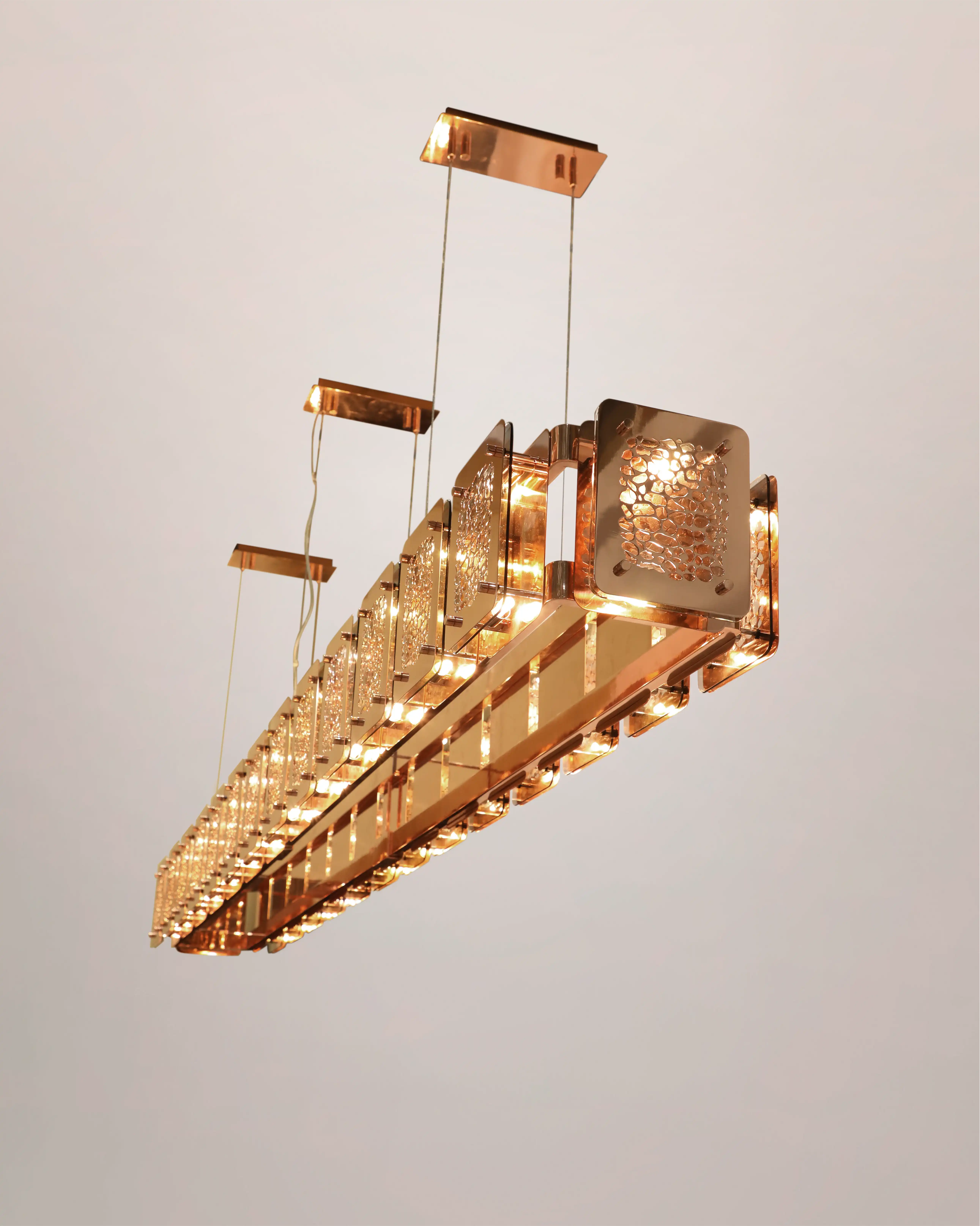 /storage/Luxury brass rectangular snooker suspension light with hand-engraved giraffe-patterned plates and bronze glass top, blending nature-inspired elegance.