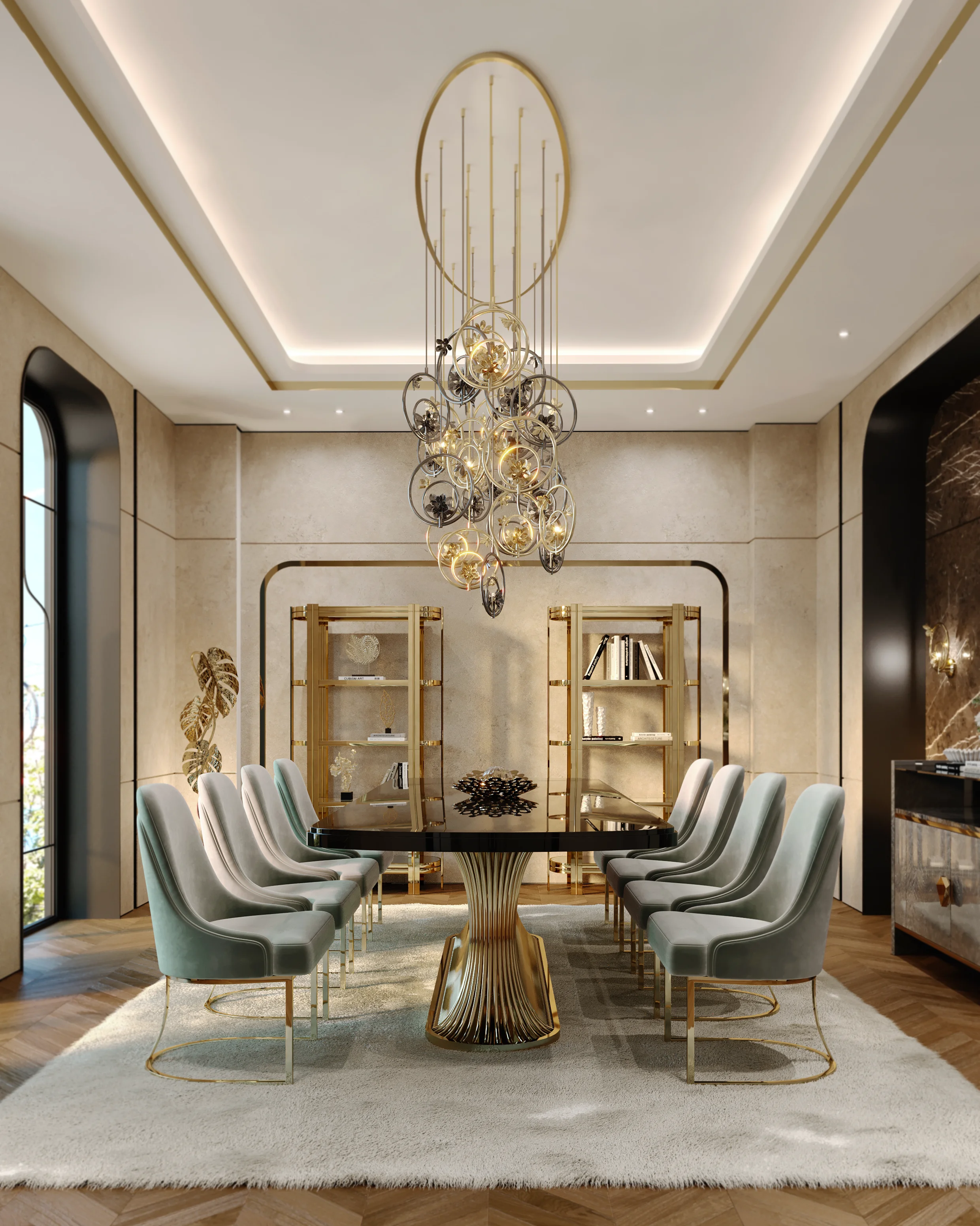 /storage/Luxury brass and Emperador marble dining table with flowing curved tube base, a sculptural modern design for elegant interiors.