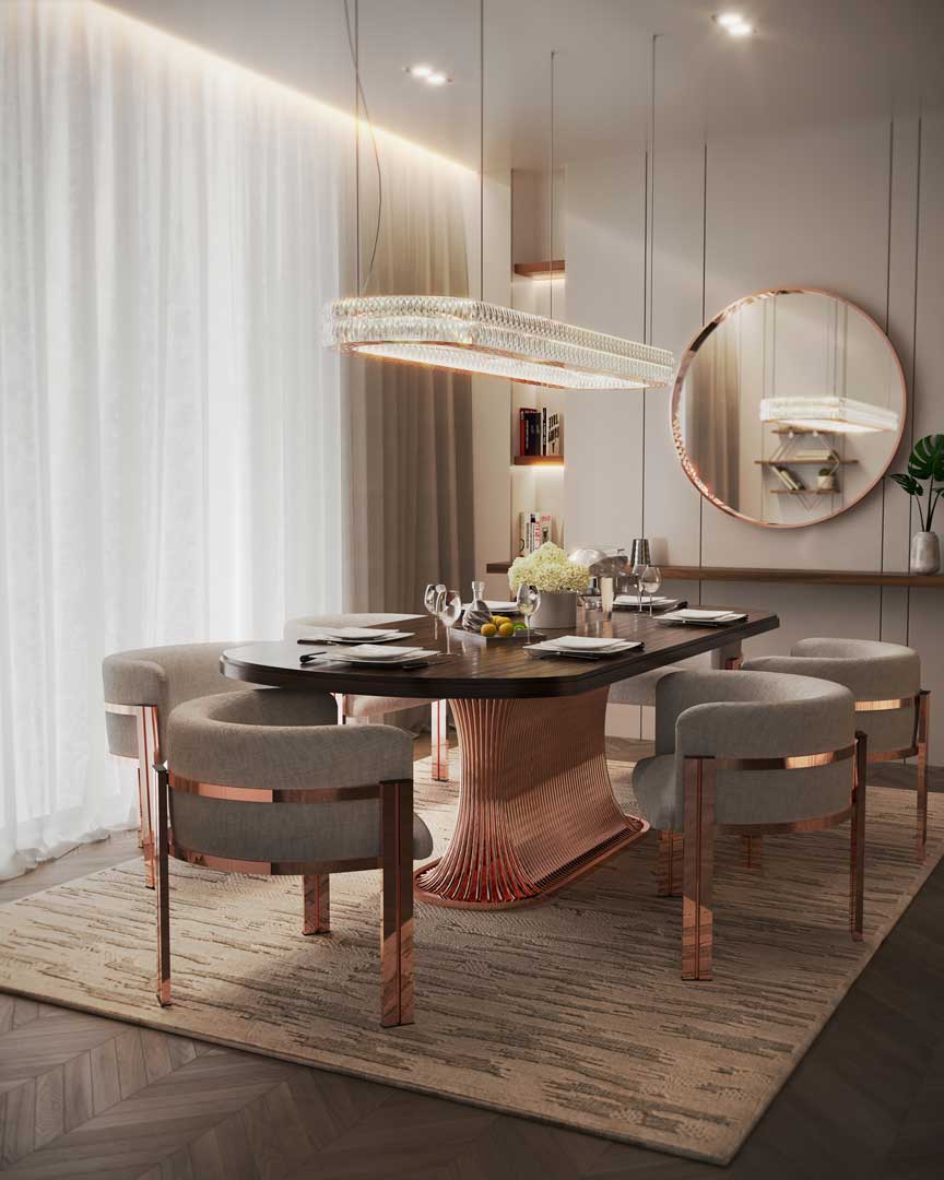 /storage/Luxury brass and Emperador marble dining table with flowing curved tube base, a sculptural modern design for elegant interiors.