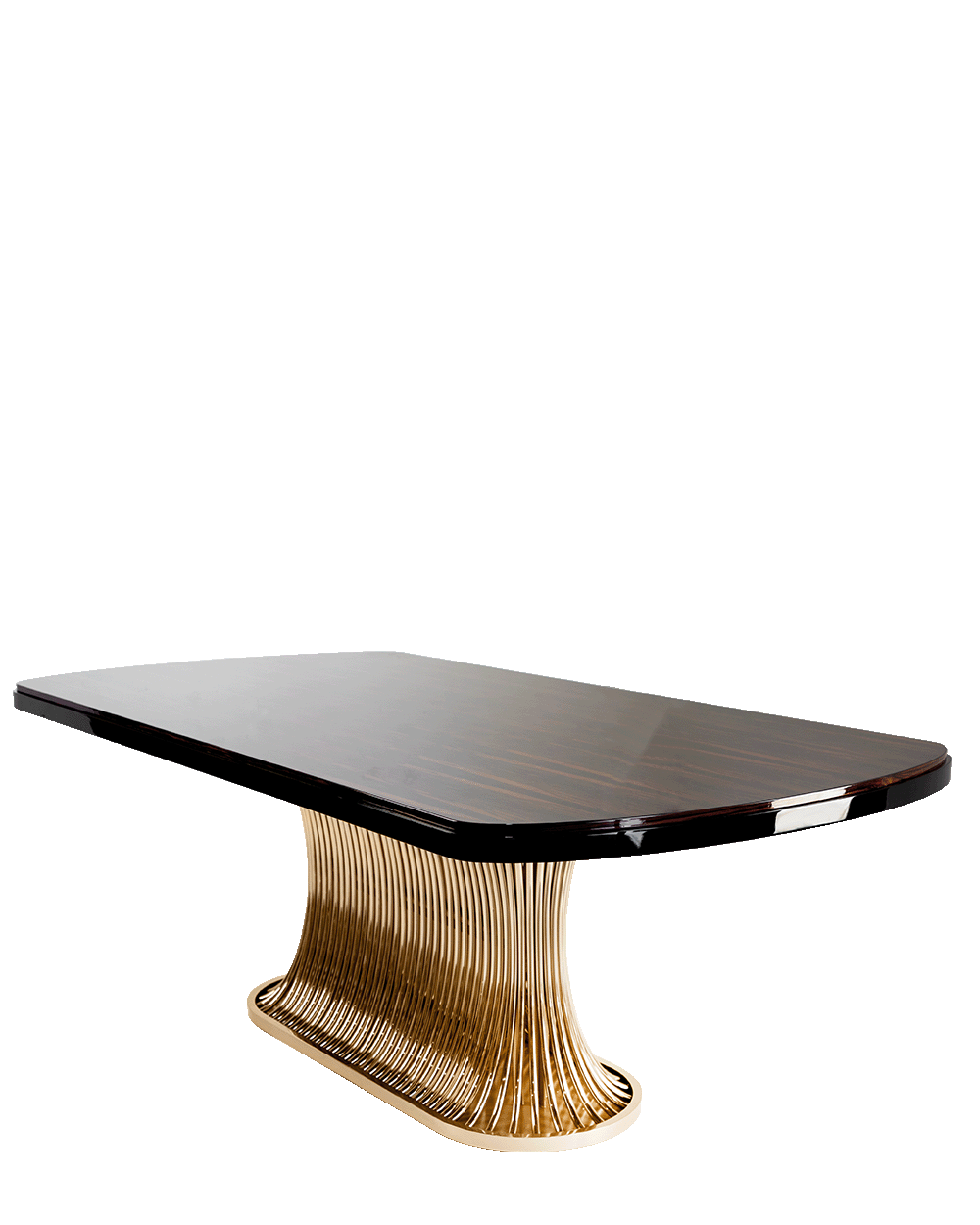 /storage/Luxury brass and Emperador marble dining table with flowing curved tube base, a sculptural modern design for elegant interiors.