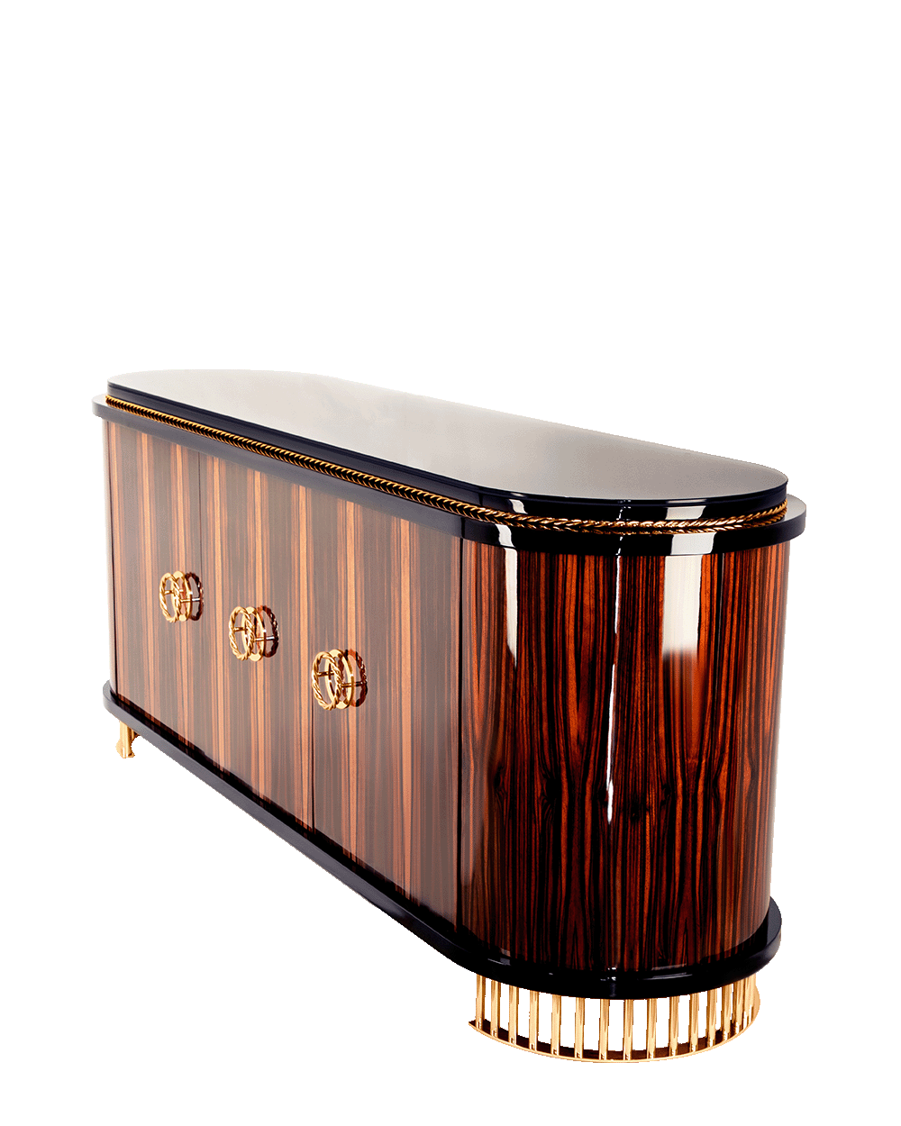 /storage/Luxury brass-accented Nautilus sideboard in ebony veneer with glass details, a modern classic design exuding naval inspiration and sophisticated elegance.