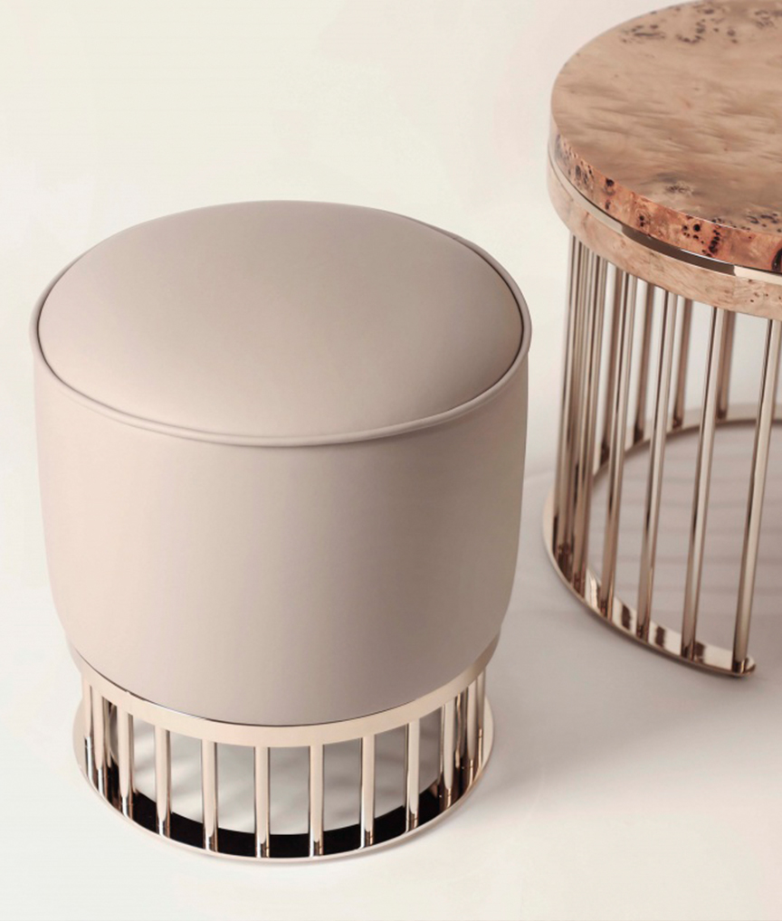 /storage/Luxury brass Grace Stool with gold-plated brass structure and bespoke upholstered top, a refined accent piece enhancing elegance and style in sophisticated interiors.