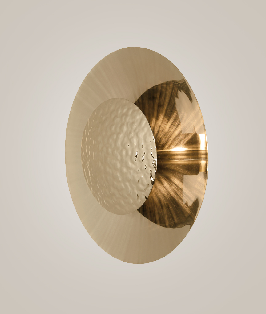 /storage/Luxury brass Eclipse Wall Light with double rounded plates, handcrafted modern sconce creating warm ambient lighting for refined interiors.