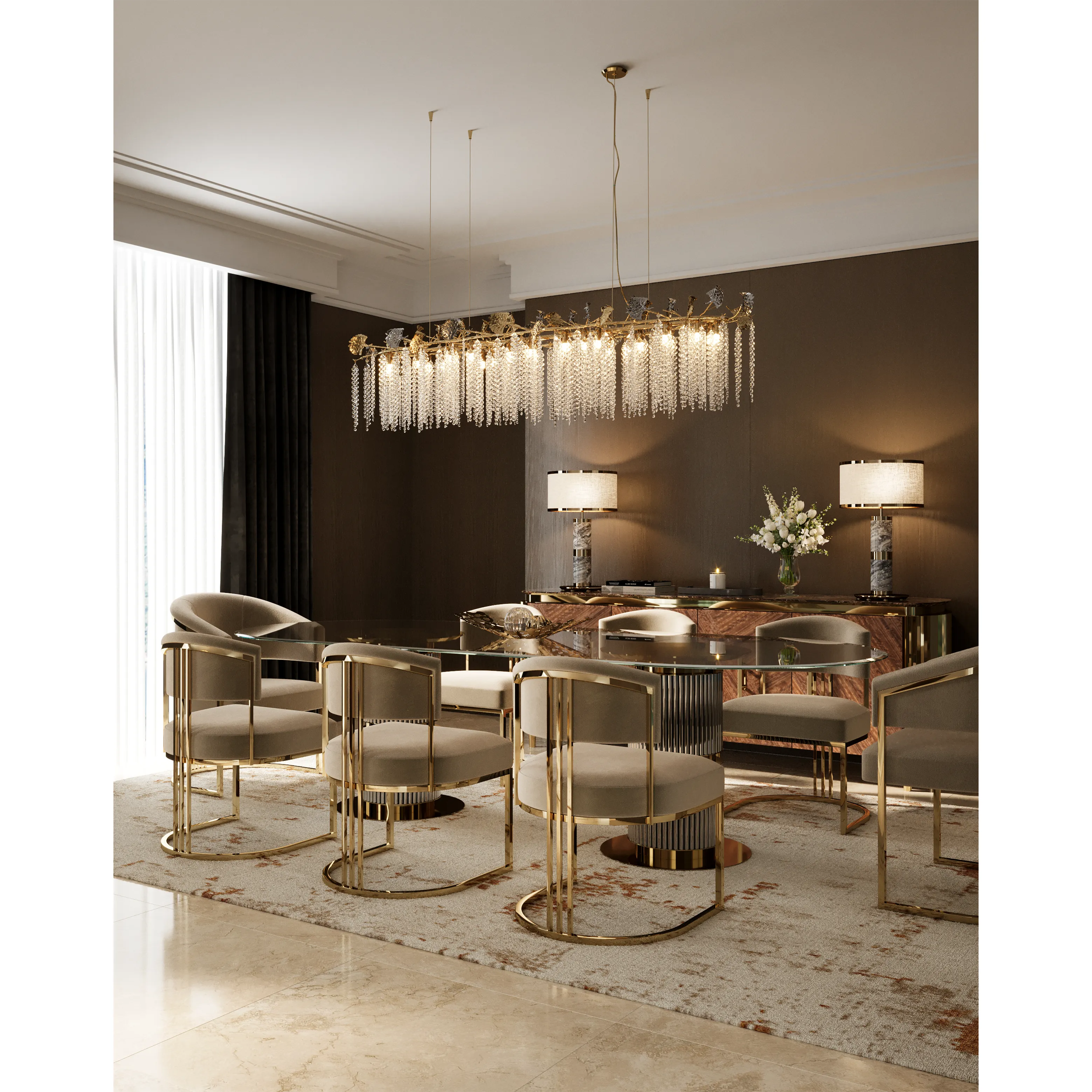 /storage/Luxury brass Eléa Dining Table with glass top and eucalyptus frisé wood, inspired by Ancient Greece elegance.