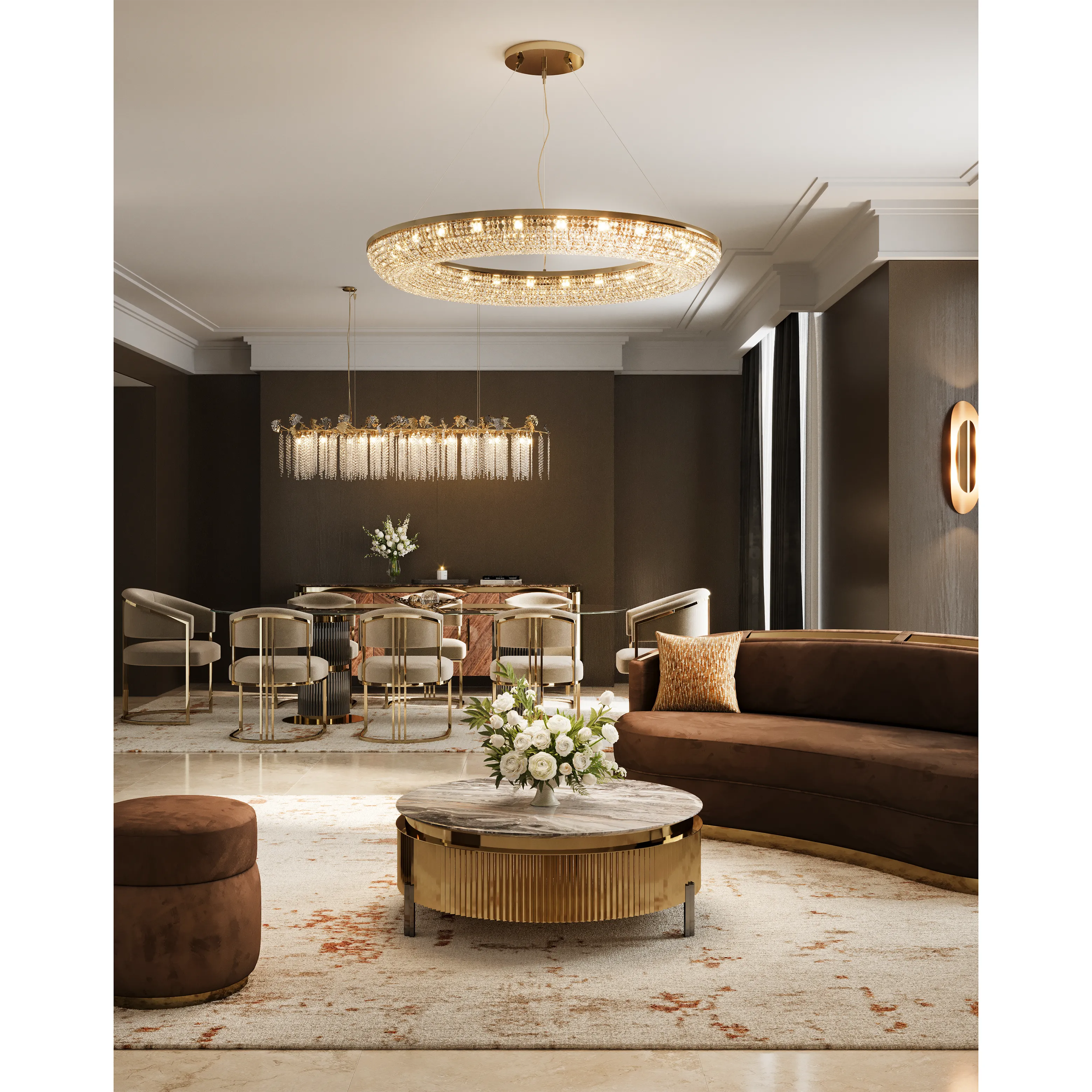 /storage/Luxury brass Eléa Dining Table with glass top and eucalyptus frisé wood, inspired by Ancient Greece elegance.