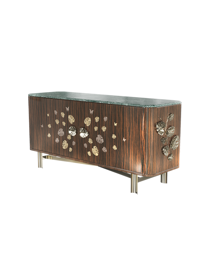 /storage/Luxury brass Rainforest Sideboard with ebony wood veneer and Guatemala green marble top, a sophisticated statement piece for elegant interiors.