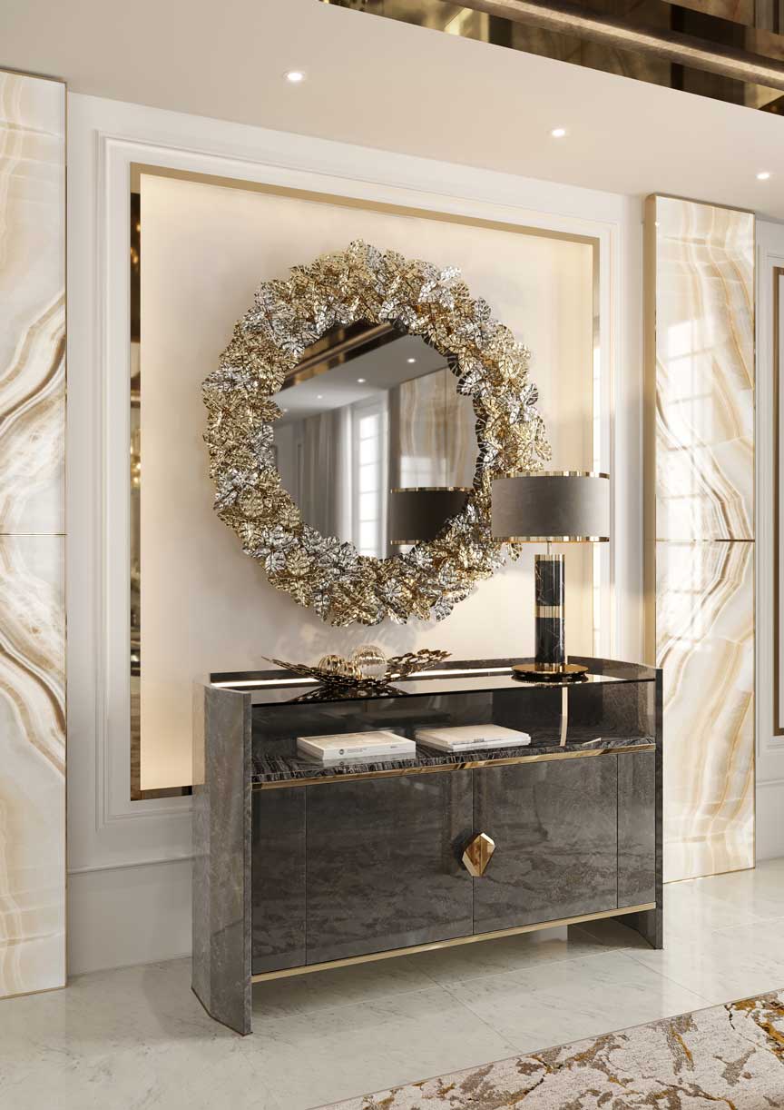 /storage/Luxury brass Rainforest mirror with handcrafted leaves, circular design, and natural-inspired decorative elegance for refined interiors.