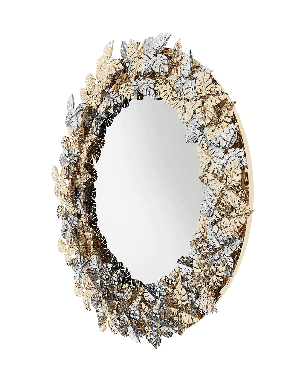 /storage/Luxury brass Rainforest mirror with handcrafted leaves, circular design, and natural-inspired decorative elegance for refined interiors.