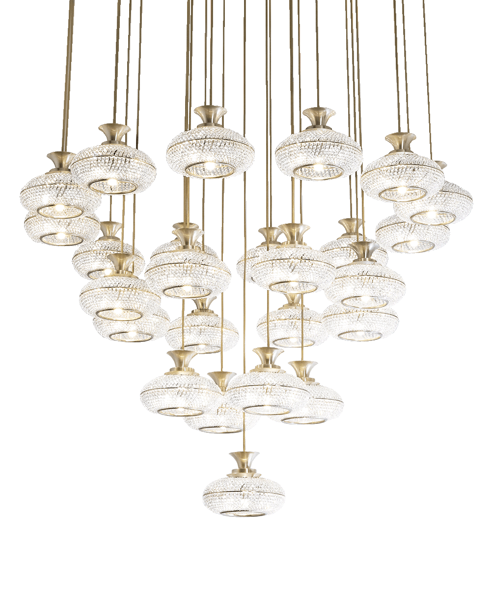 /storage/Luxury brass Mystic Suspension chandelier with clear crystal strips in a round, slightly flattened design, blending classical style and timeless sparkle for grand interiors.
