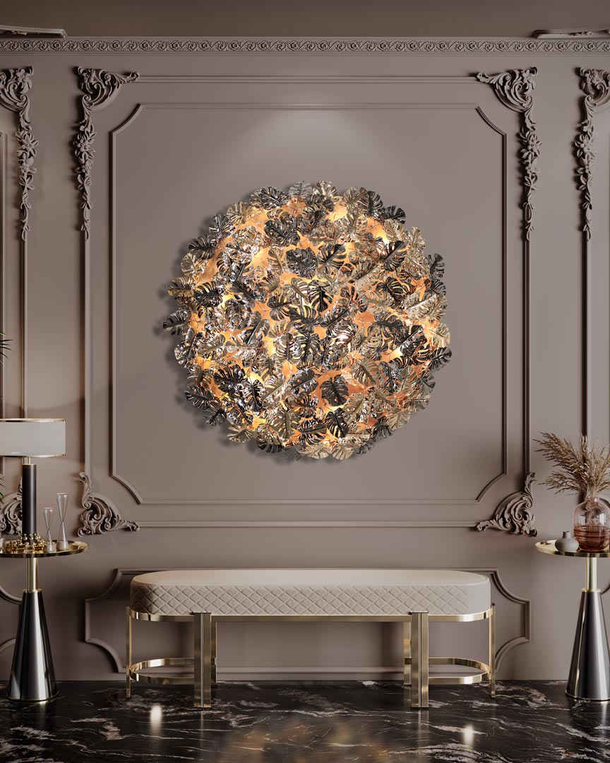 /storage/Luxury brass Rainforest Round Wall Light with gold-plated brass leaves and clear crystal glass details, featuring raindrop and butterfly motifs for refined modern interiors.