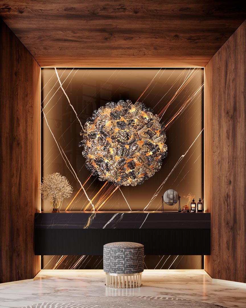 /storage/Luxury brass Rainforest Round Wall Light with gold-plated brass leaves and clear crystal glass details, featuring raindrop and butterfly motifs for refined modern interiors.