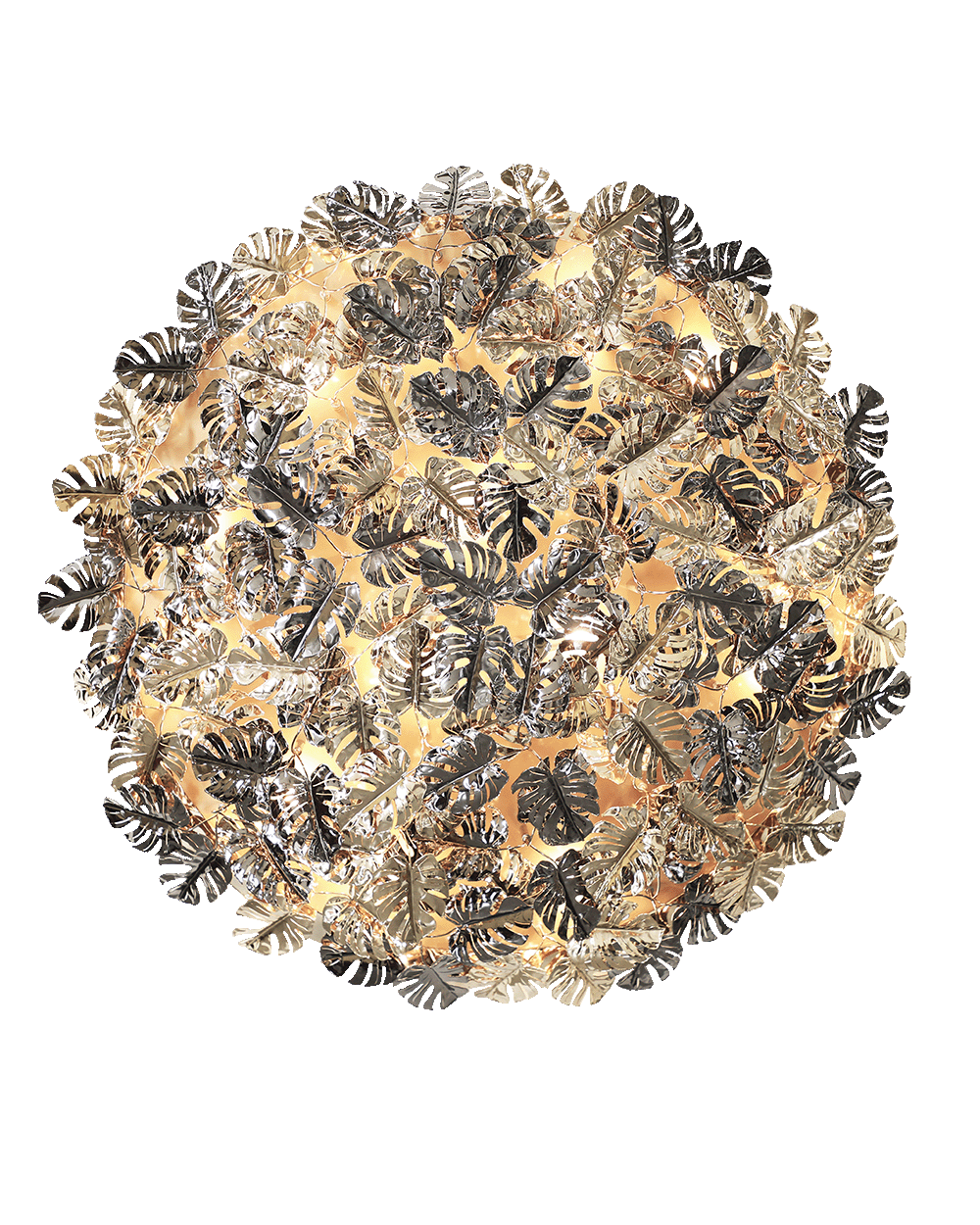/storage/Luxury brass Rainforest Round Wall Light with gold-plated brass leaves and clear crystal glass details, featuring raindrop and butterfly motifs for refined modern interiors.