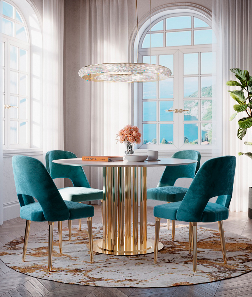 /storage/Luxury brass Anna Dining Chair with beige upholstered crescent back, handcrafted Art Deco-inspired design.