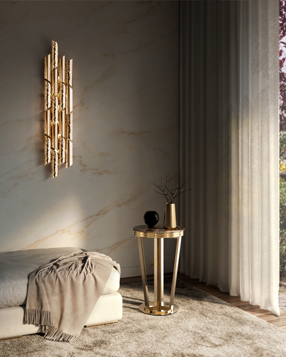 /storage/Luxury brass Triumph Wall Light with hammered and polished tubes, a handmade contemporary sconce for modern interiors.