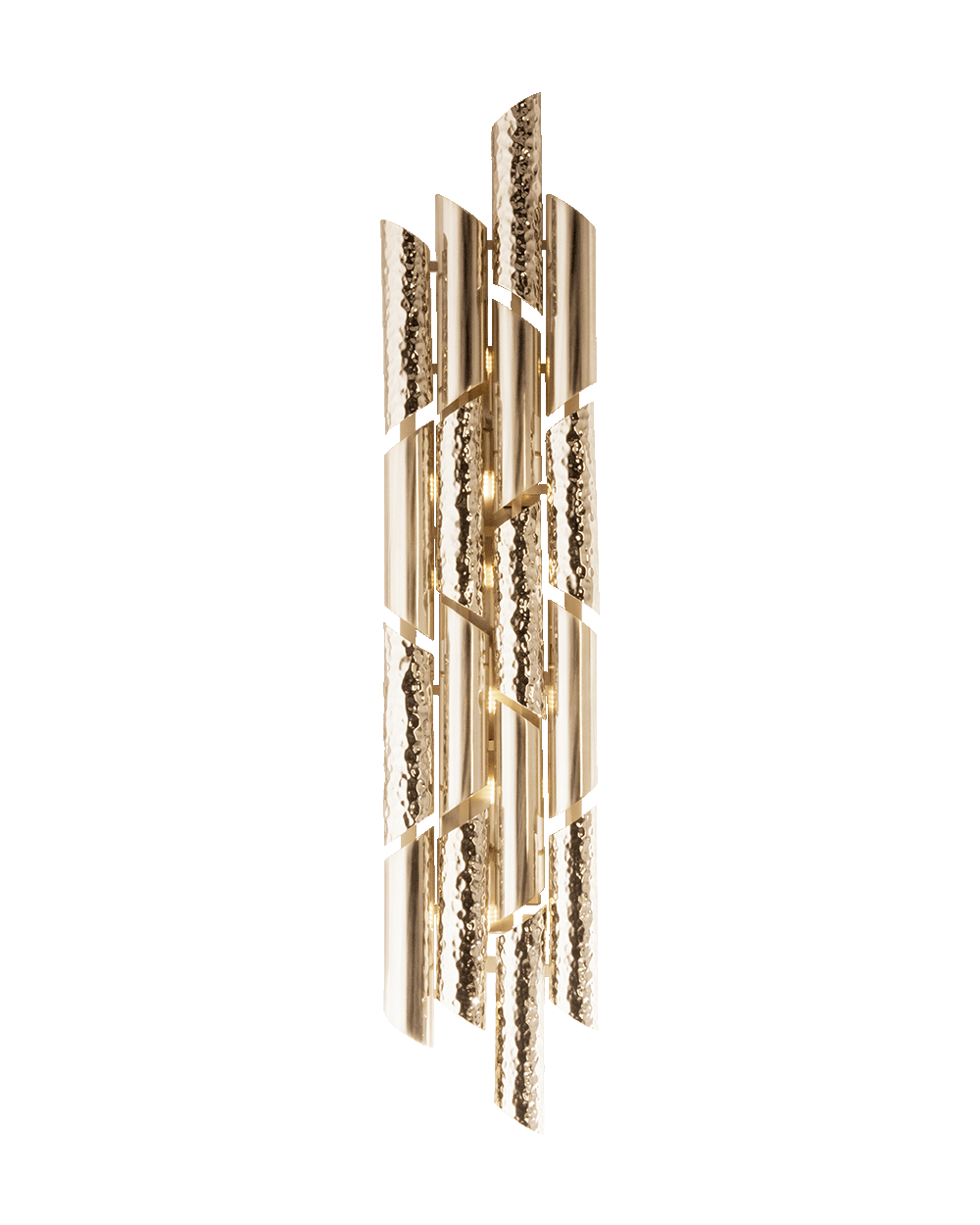 /storage/Luxury brass Triumph Wall Light with hammered and polished tubes, a handmade contemporary sconce for modern interiors.