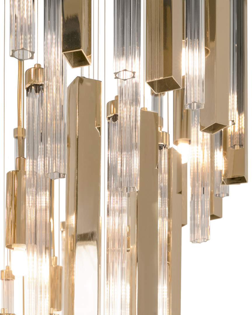 /storage/Luxury brass Blaze suspension chandelier with cascading layers of over 500 hand-assembled glass pendants creating a bold blazing effect.
