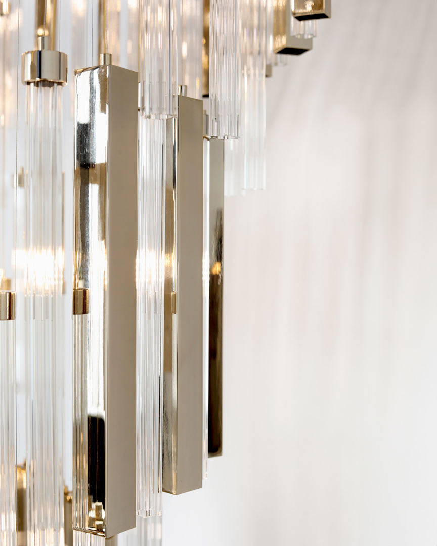 /storage/Luxury brass Blaze suspension chandelier with cascading layers of over 500 hand-assembled glass pendants creating a bold blazing effect.