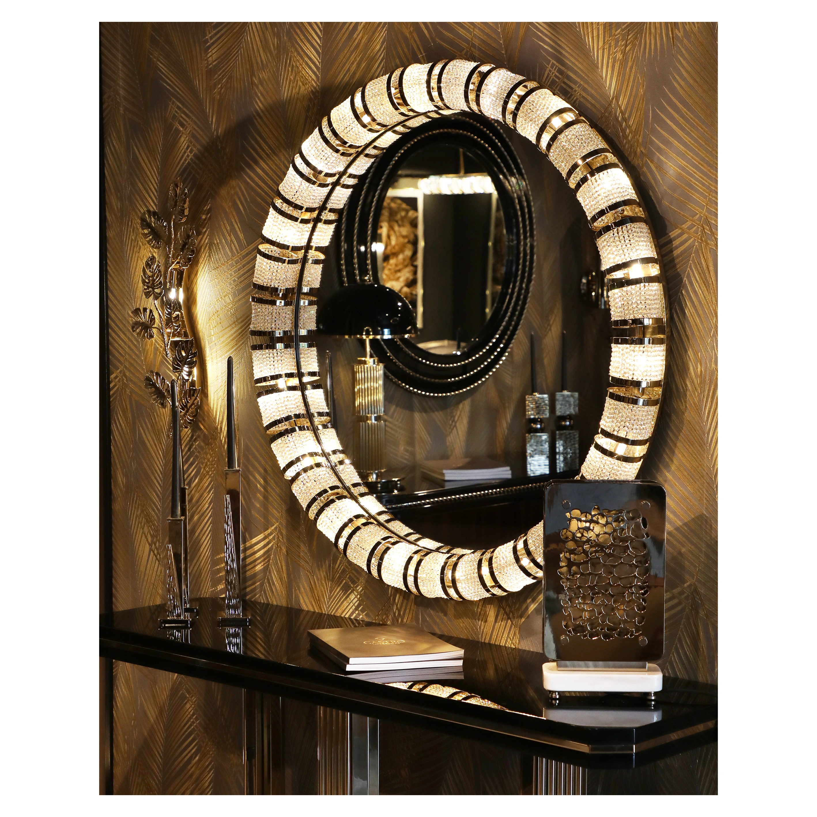 /storage/Luxury brass Leviev Mirror with Swarovski crystals, elegant contemporary furniture accessory for interiors.
