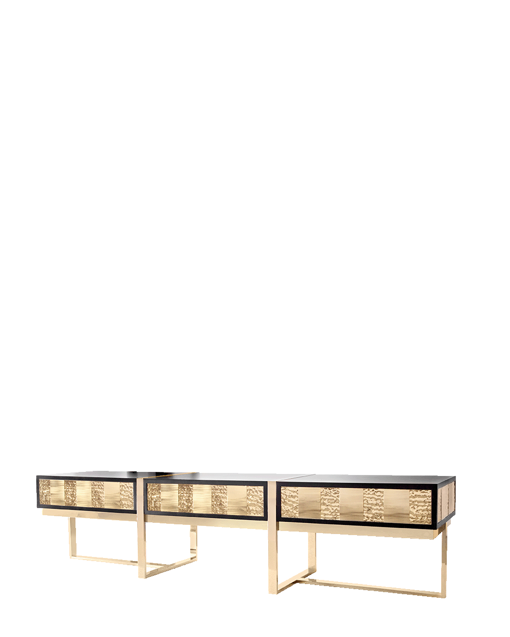 /storage/Luxury brass Mondrian TV Console with brushed and hammered finishes inspired by Piet Mondrian’s art and geometric harmony.