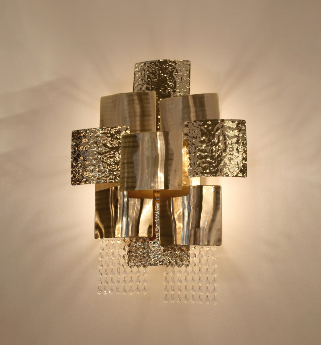 /storage/Luxury brass Mondrian Wall Light with gold-plated hammered and brushed finishes, geometric design, and delicate crystal glass details.