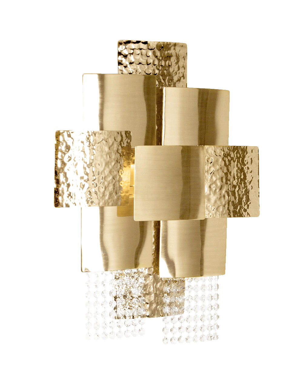 /storage/Luxury brass Mondrian Wall Light with gold-plated hammered and brushed finishes, geometric design, and delicate crystal glass details.