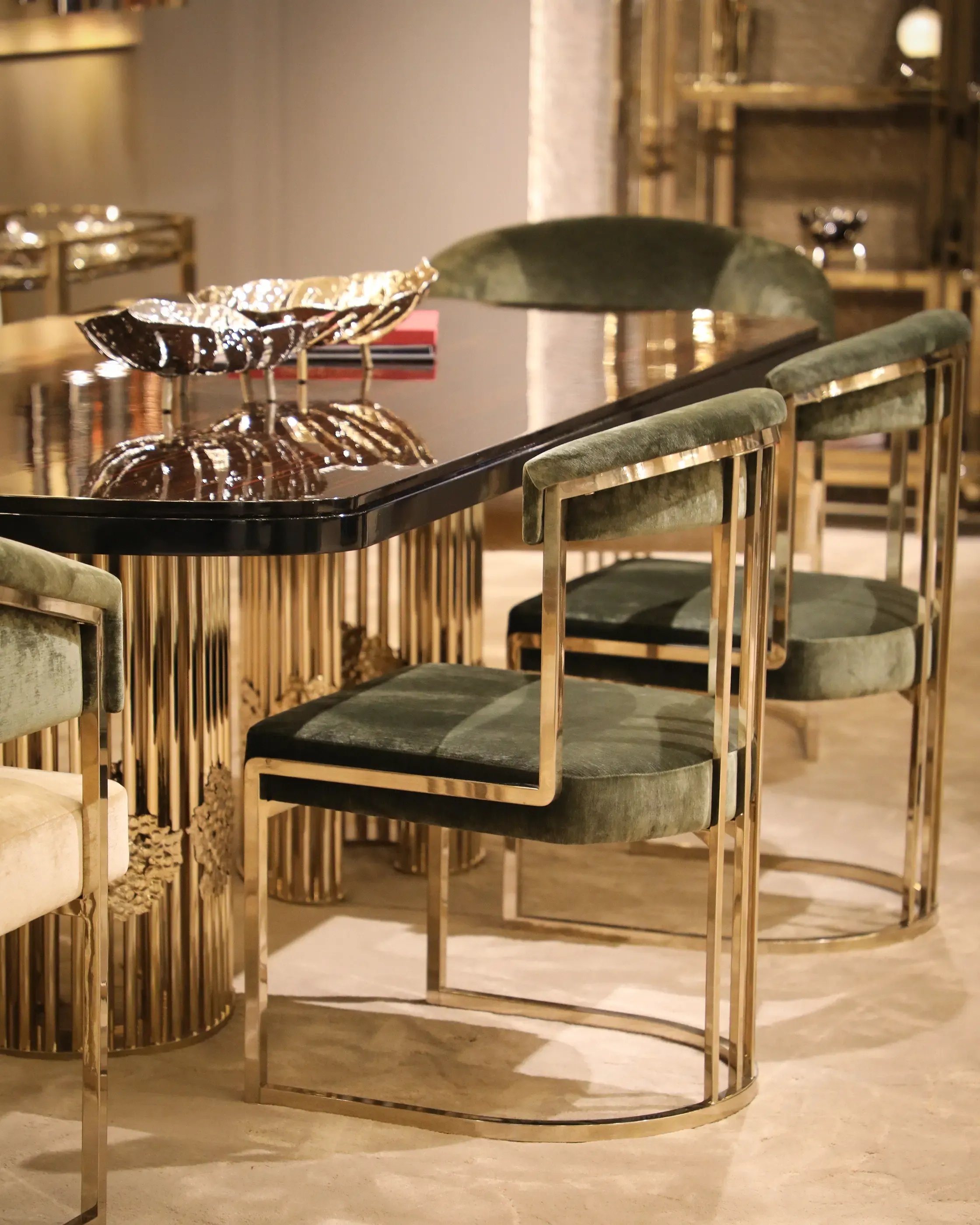 /storage/Luxury brass chair with elegant harp-shaped design by Castro Interiors.