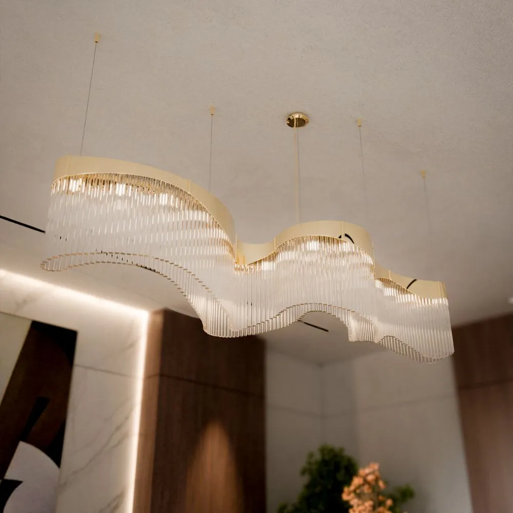 /storage/Luxury brass snooker chandelier with fluid curves and wave-inspired design, fully customizable in size and configuration for elegant modern interiors.