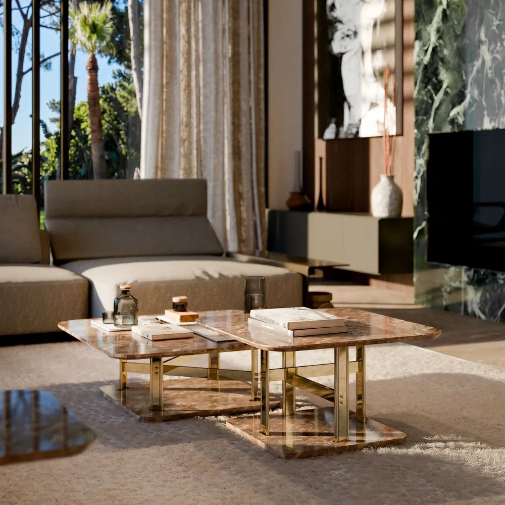 /storage/Luxury brass and marble center table with geometric columns, blending modern elegance and bold design for a refined, opulent living space.