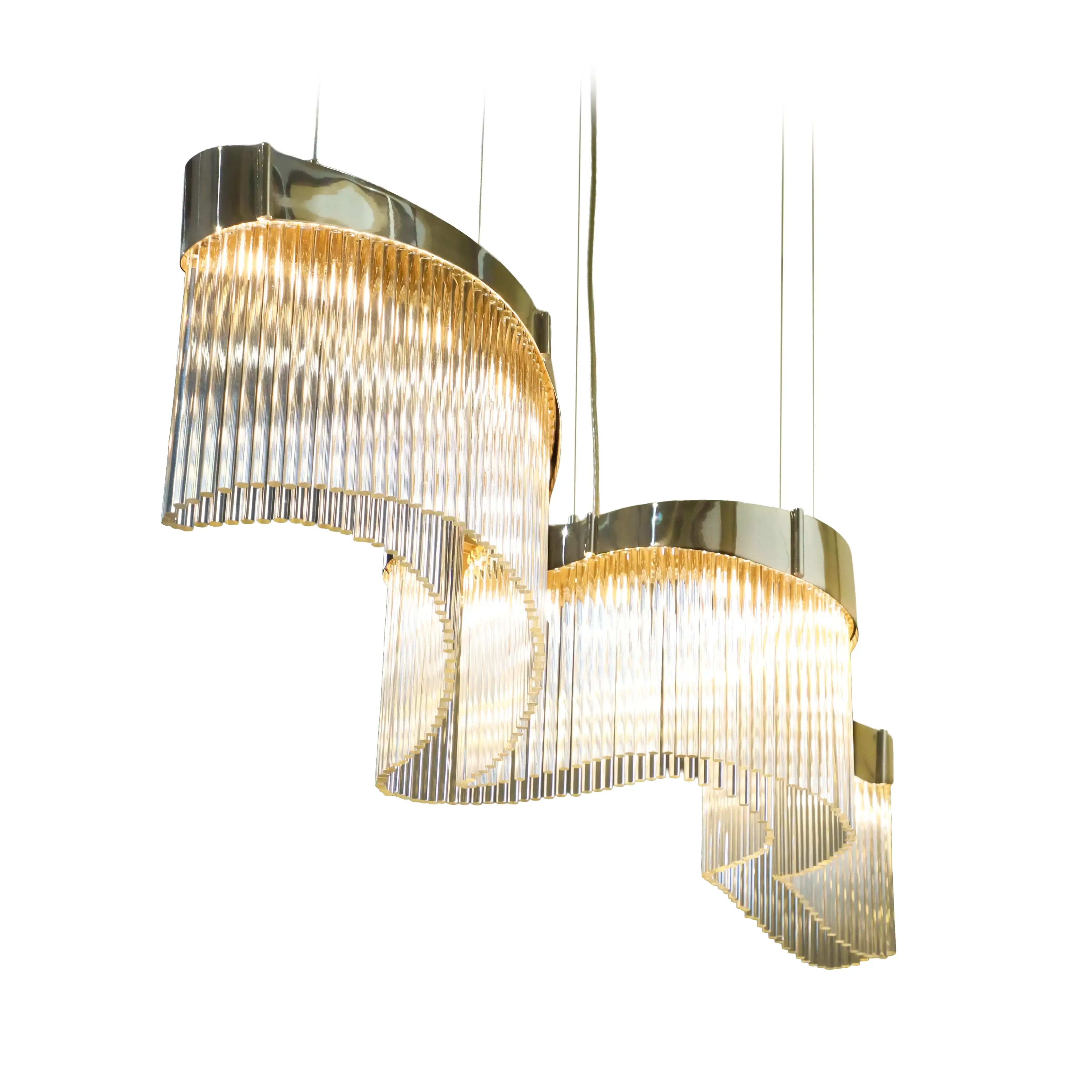 /storage/Luxury brass snooker chandelier with fluid curves and wave-inspired design, fully customizable in size and configuration for elegant modern interiors.