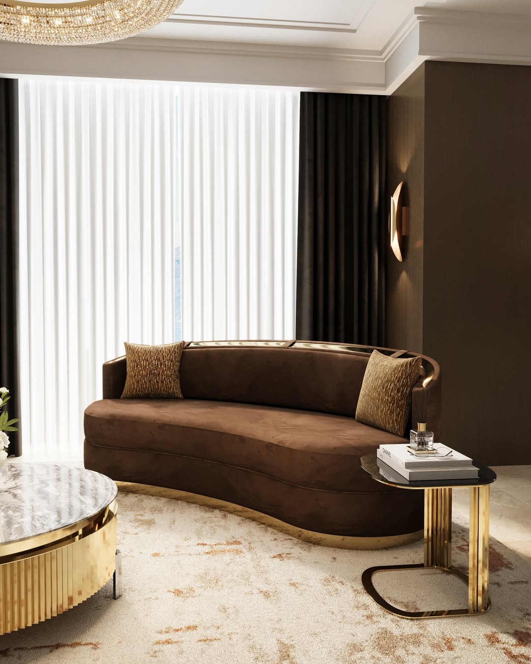 Elegant living room in Mocha Mousse by Castro Lighting featured Teardrop Suspension, Radiance Wall Light, Tiffany Side Table, Tiffany Cenetr Table with Marble Top, and Carlo sofa in dark chocolate hue