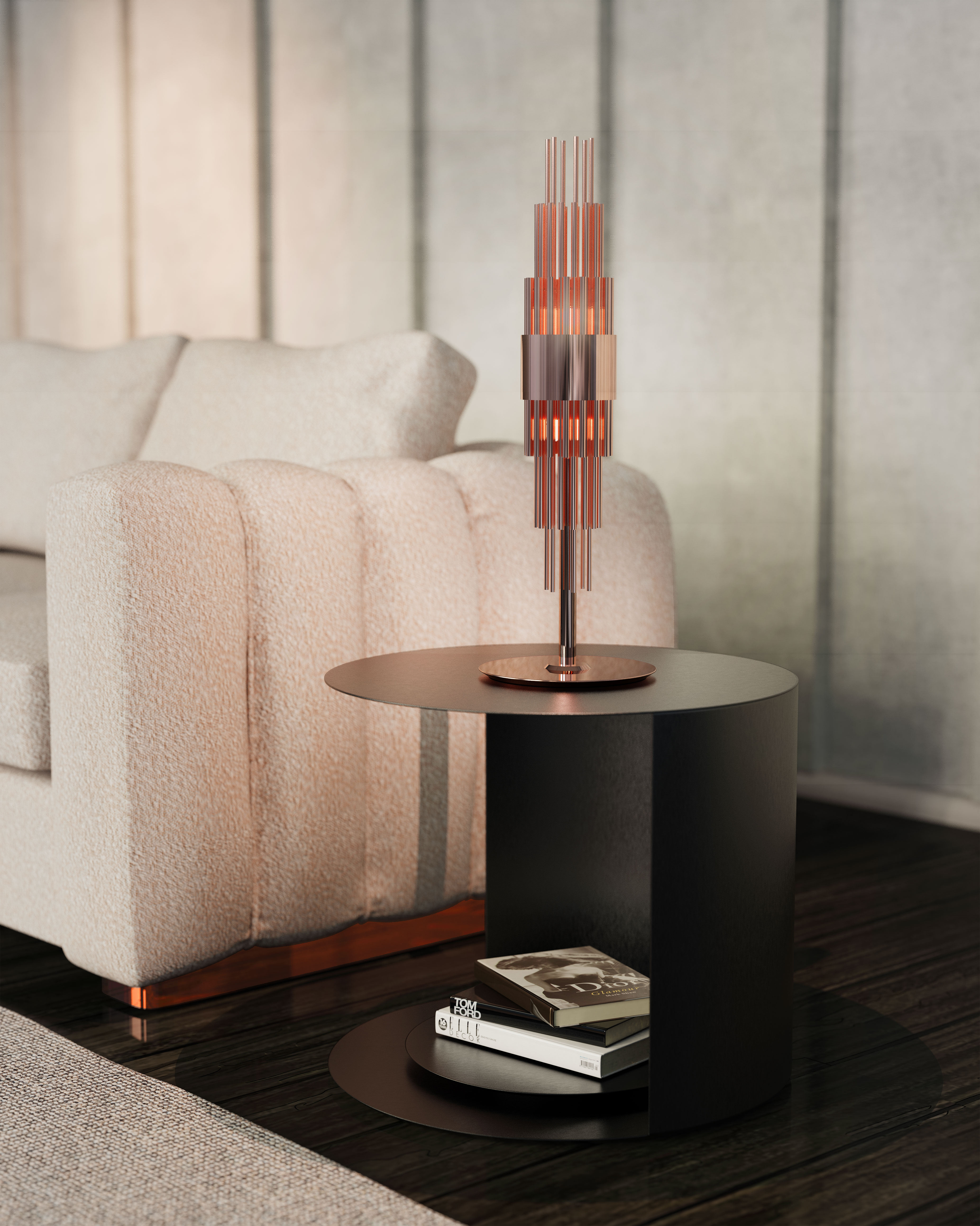 Minimal White Living room featuring Streamline Table lamp in copper finish by Castro Lighting