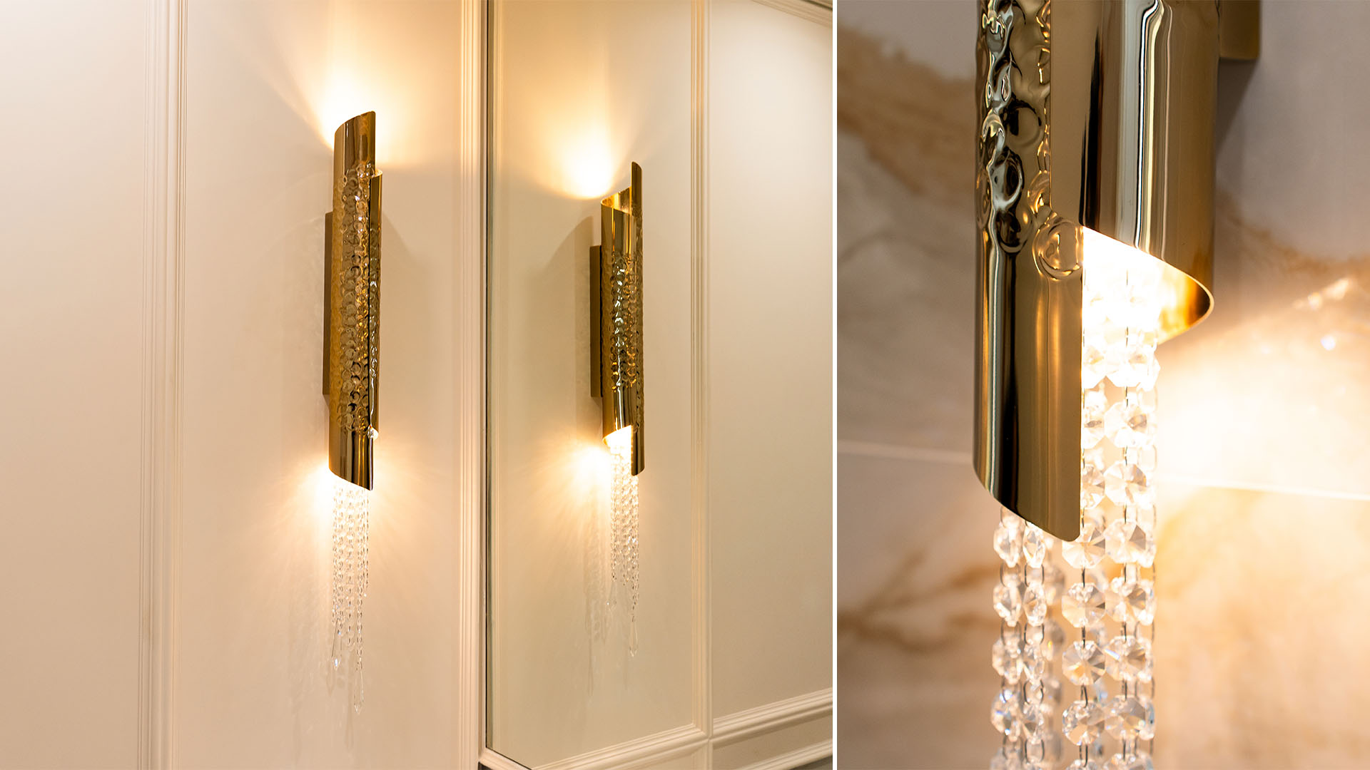 Interior featuring the Avolto Wall Light by Castro Lighting, with polished gold-plated brass, hammered detailing and cascading crystal accents creating a refined architectural glow.