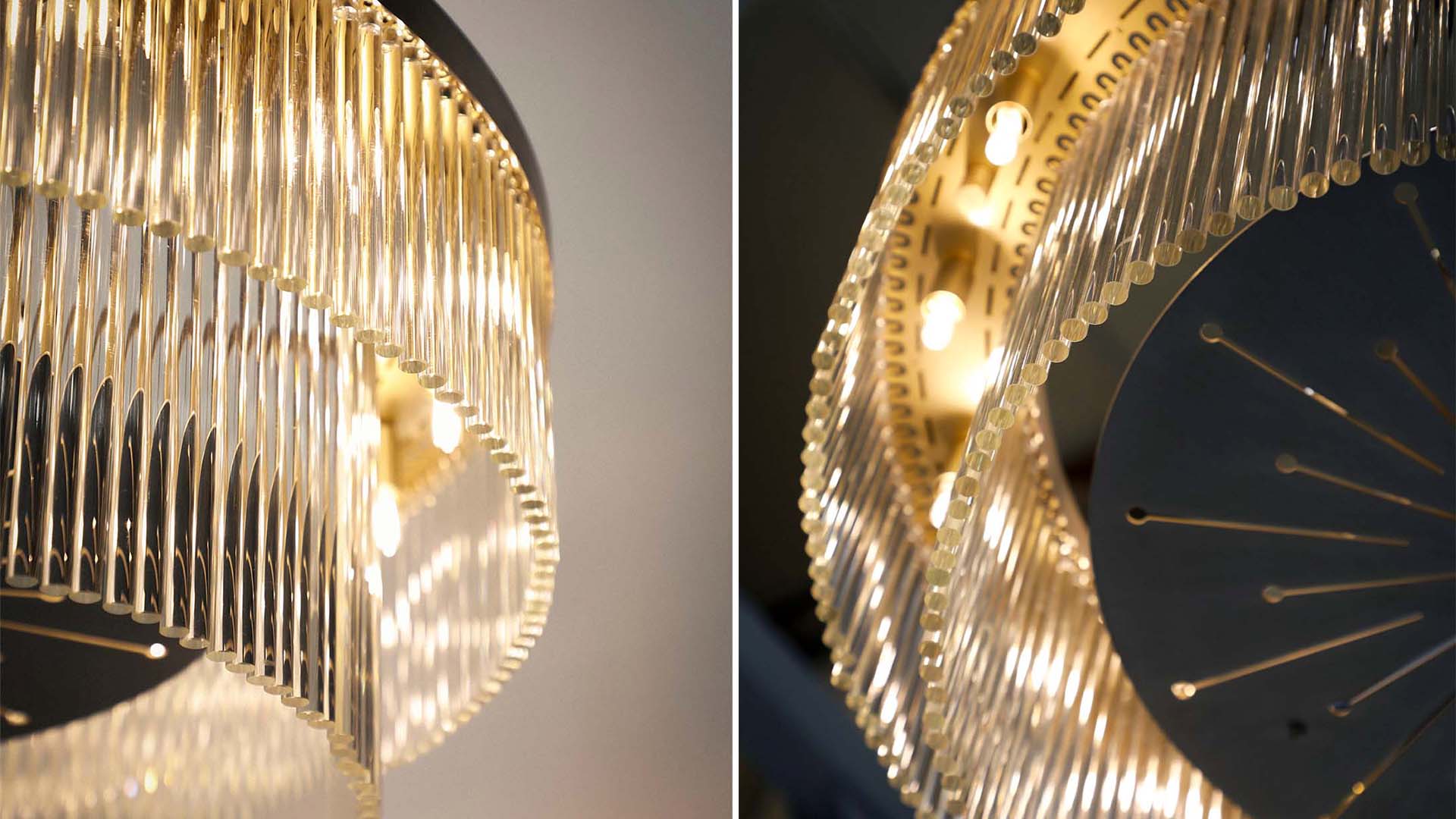 Close-up details of a luxury circular ceiling light with layered glass rods, warm illumination and metallic accents.