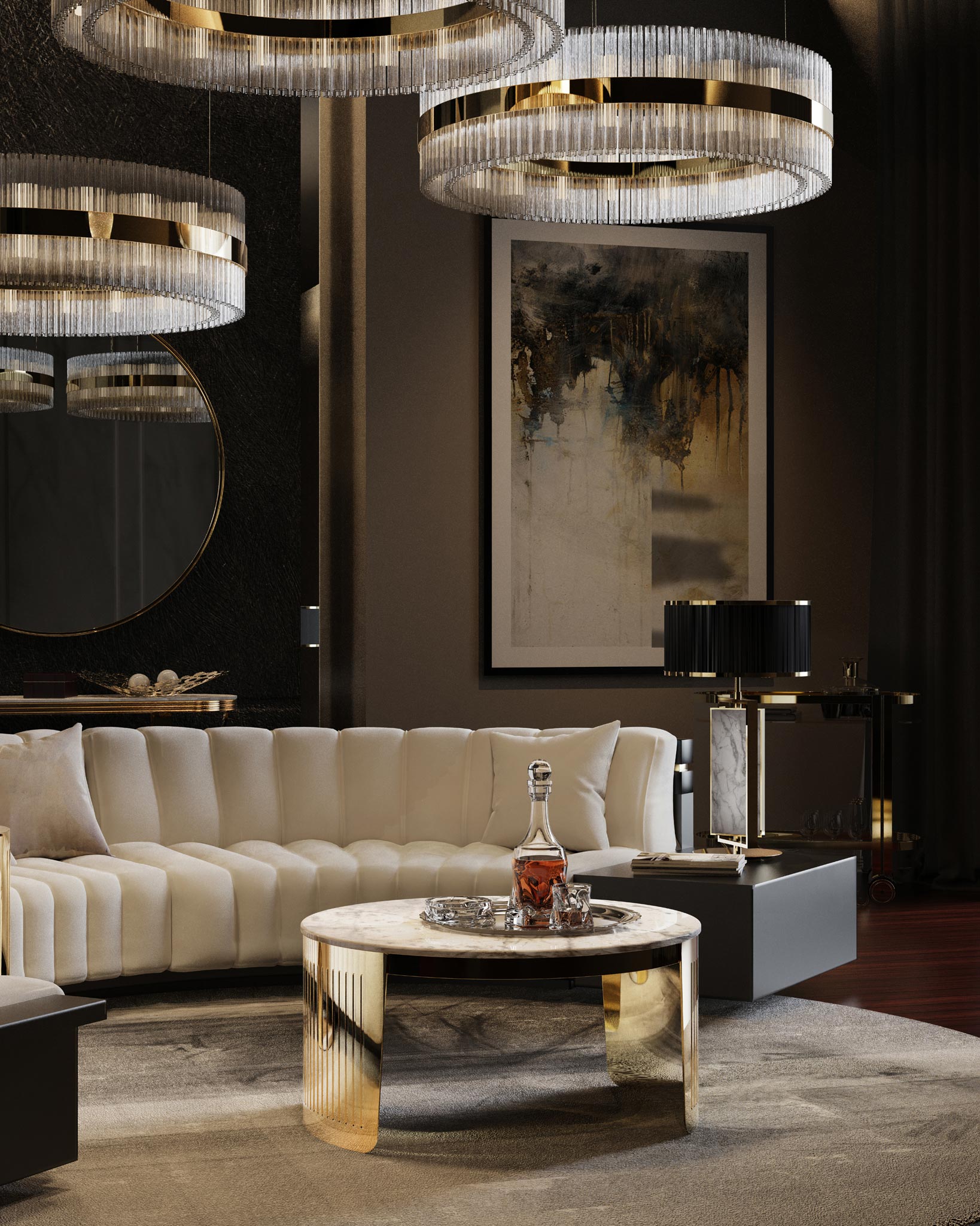 Elegant Modern Living Room featuring Rolland Suspension, Moon Center Table, and Petra Table Lamp by Castro Lighting
