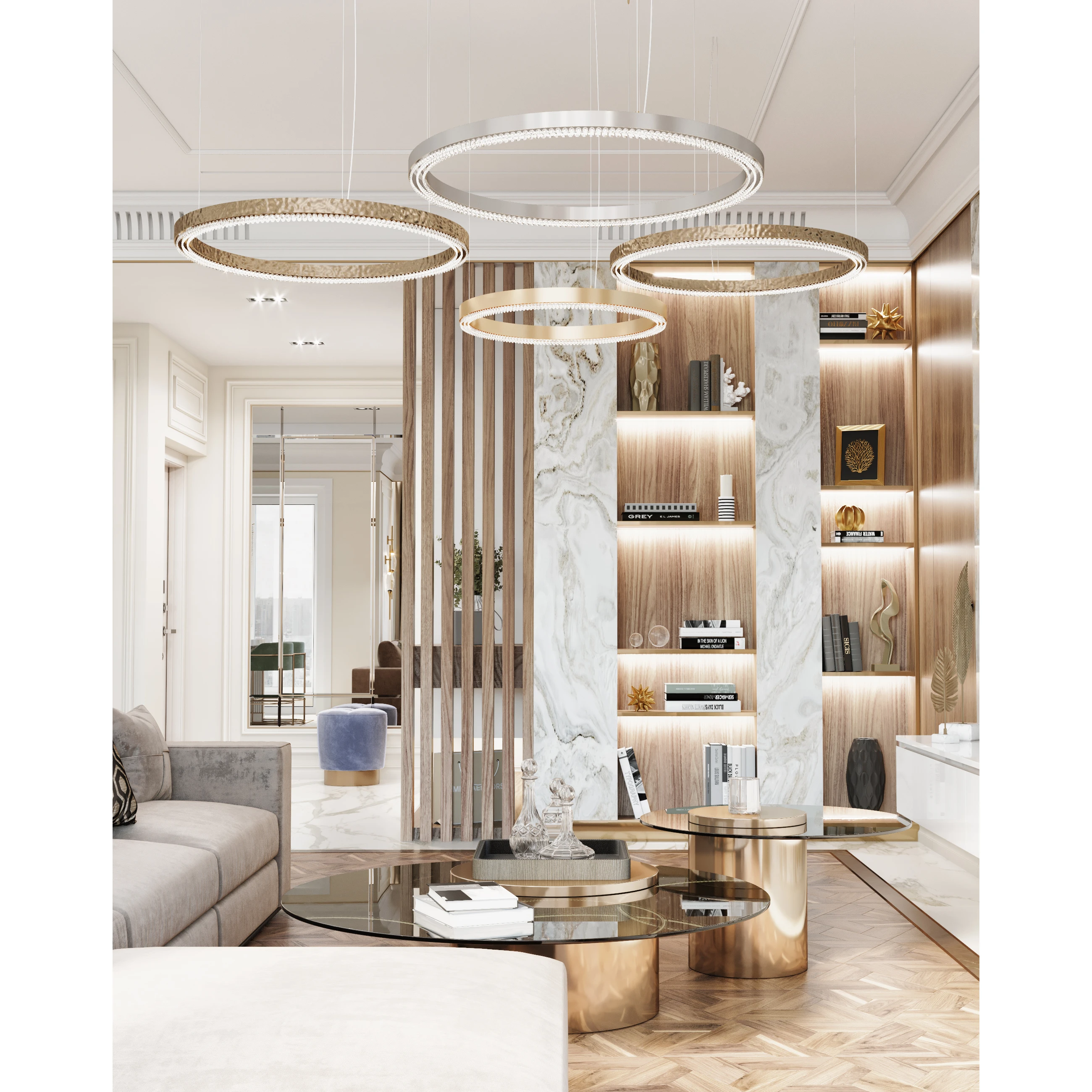 /storage/Luxury brass suspension with delicate crystal accents and minimalist design by Castro Lighting.