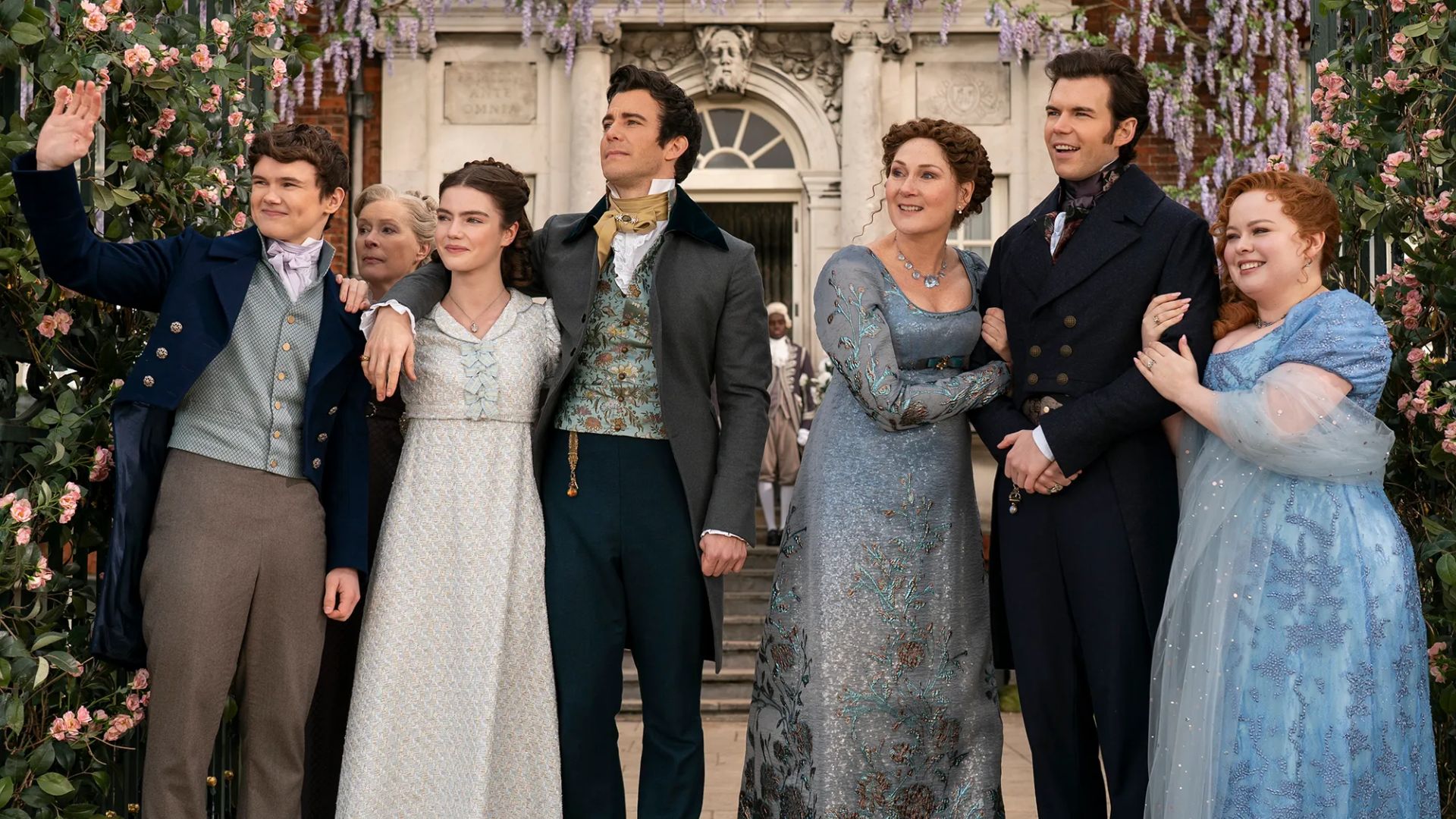 Romantic luxury interior from Netflix’s Bridgerton Season 4, showcasing soft pastel colours, decorative wall details and a refined Regency aesthetic.