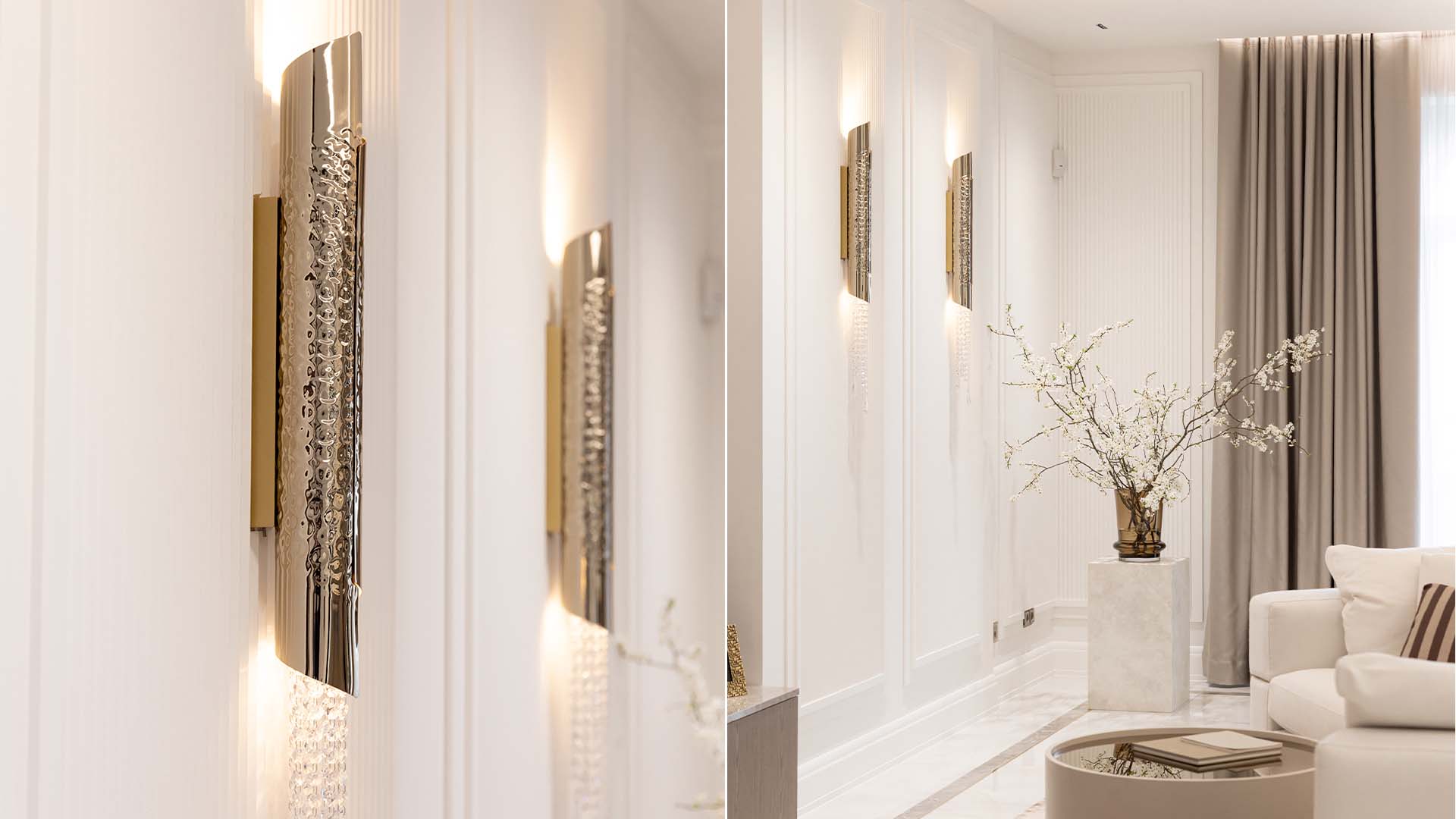 Luxury residential interior featuring Avolto Wall Lights by Castro Lighting, with sculptural brass forms and crystal accents creating a refined architectural glow.