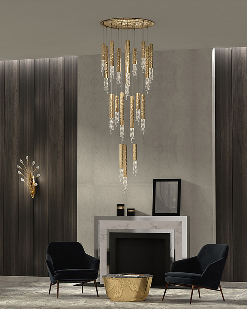 Dark and Moody Living Room featuring Safi Suspension by Castro Lighting