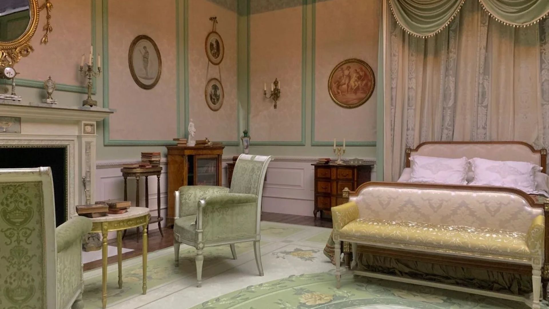 Romantic luxury interior from Netflix’s Bridgerton Season 4, showcasing soft pastel colours, decorative wall details and a refined Regency aesthetic.