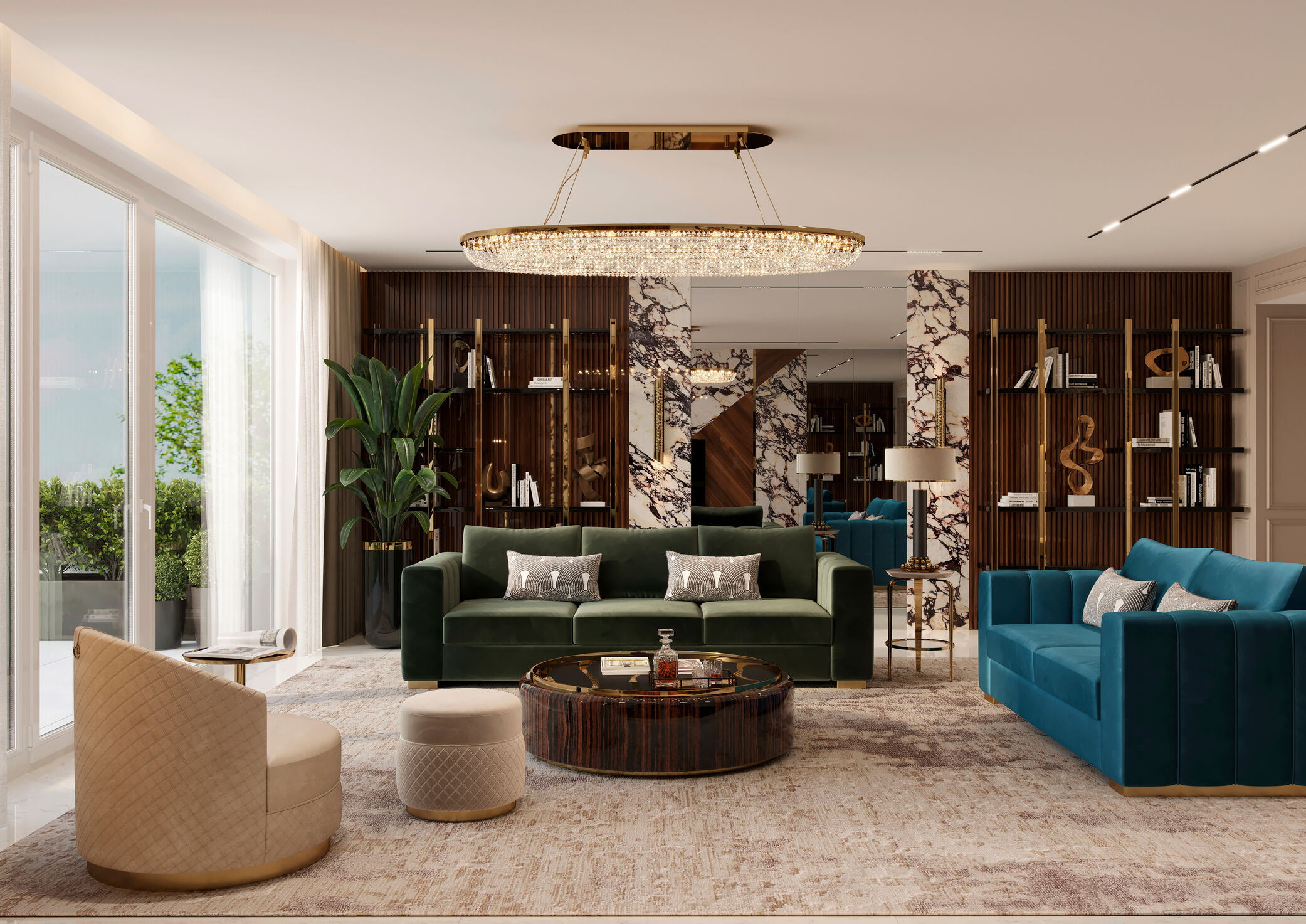 Luxury Living room featuring Teardrop Suspension, Taylor Table lamp, Perla Side Table, Carlo arnchair, Carlo stool, Gianna Center Table,  Columns Bookshelf, Colombo Sofa by Castro Lighting