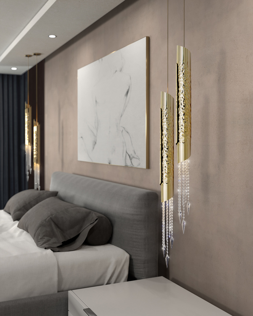Elegant Bedroom in pastel tones featuring Avolto Pendant by Castro Lighting 